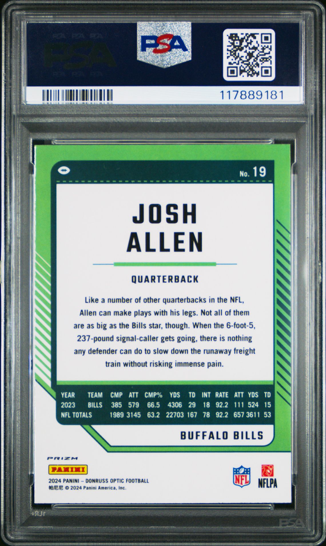 2024 Panini Donruss Optic Josh Allen #19 (One Hundred) Mint 9 back