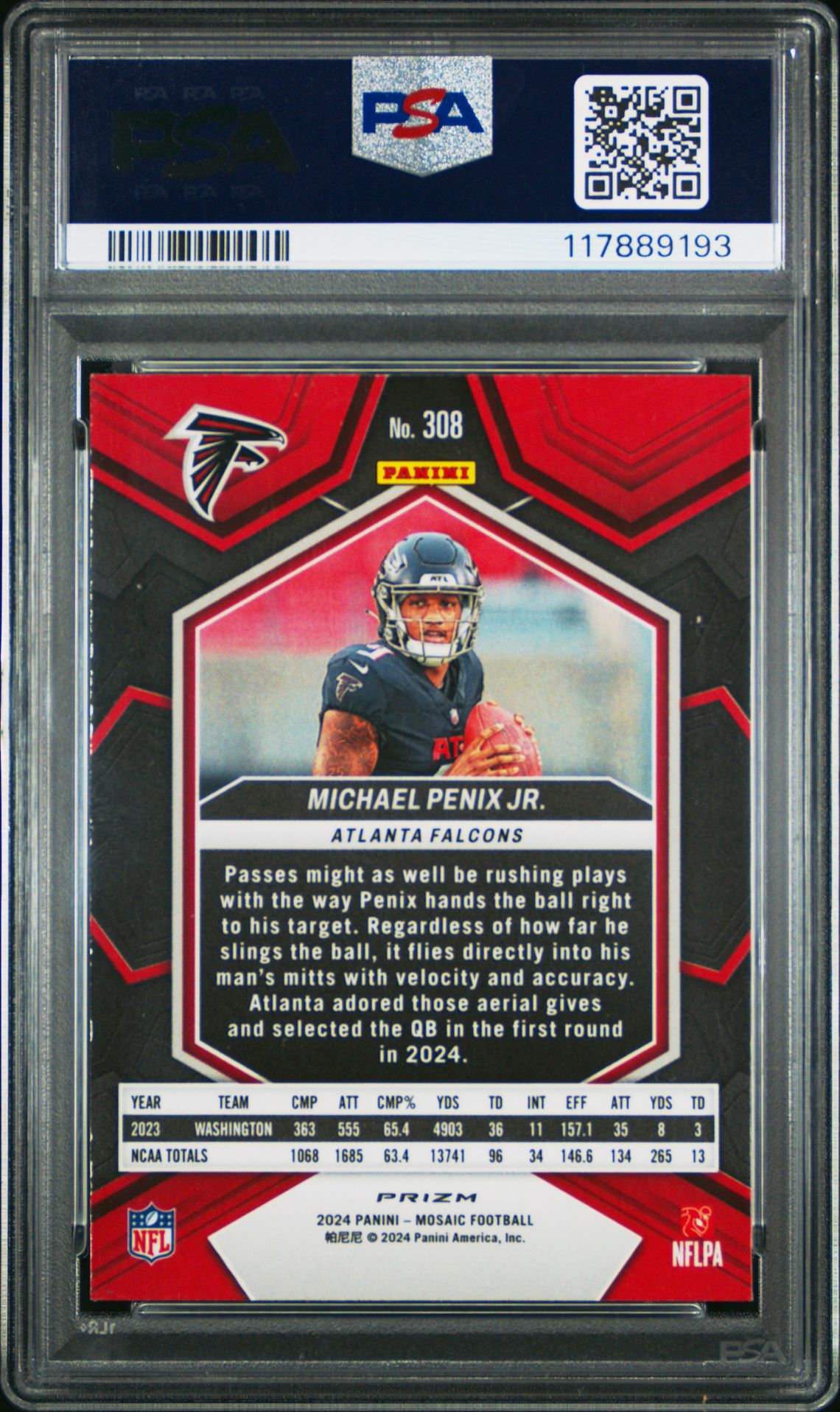 2024 Panini Mosaic Michael Penix Jr. #308 (Silver No Huddle) Mint 9 back