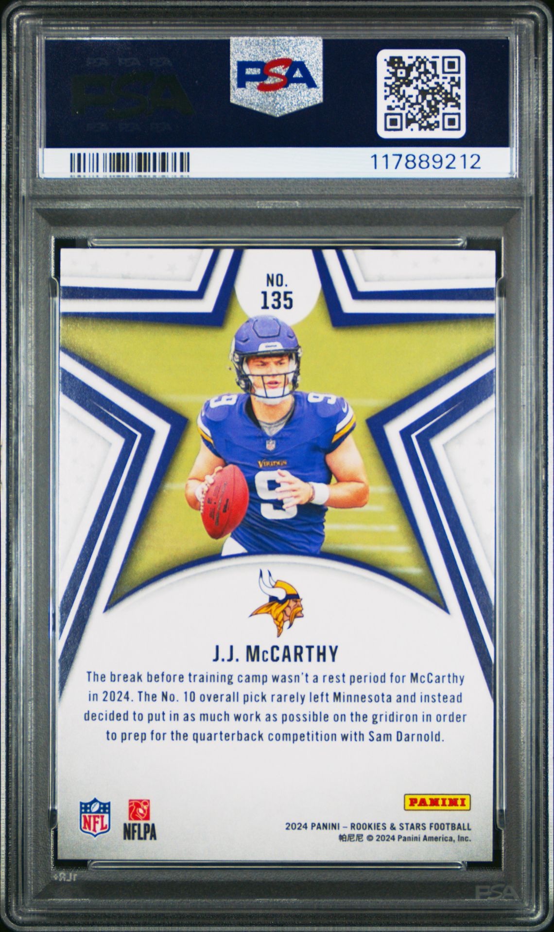 2024 Panini Rookies & Stars Jj Mccarthy #135 (True Blue) Gem Mt 10 back