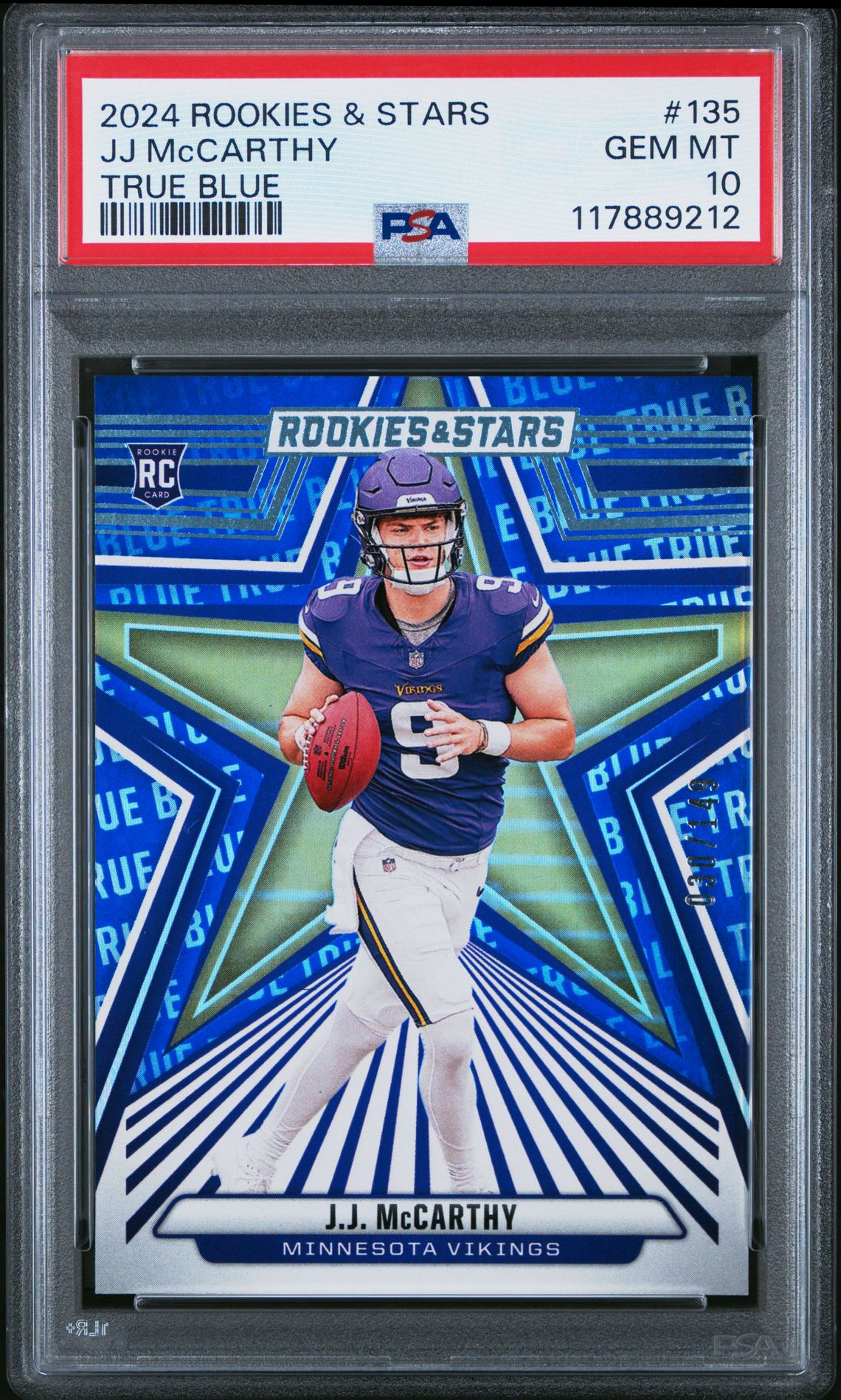 2024 Panini Rookies & Stars Jj Mccarthy #135 (True Blue) Gem Mt 10 front