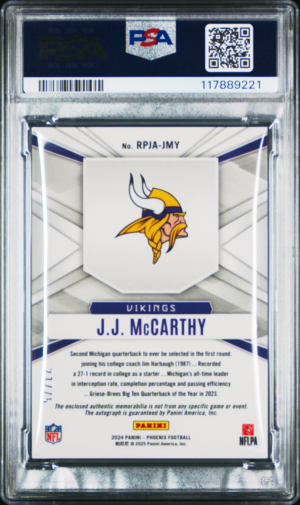2024 Panini Phoenix Rookie Phenoms Jersey Autographs Jj Mccarthy #Rpjajmy (Rookie Phenom Jersey Auto) Mint 9 back