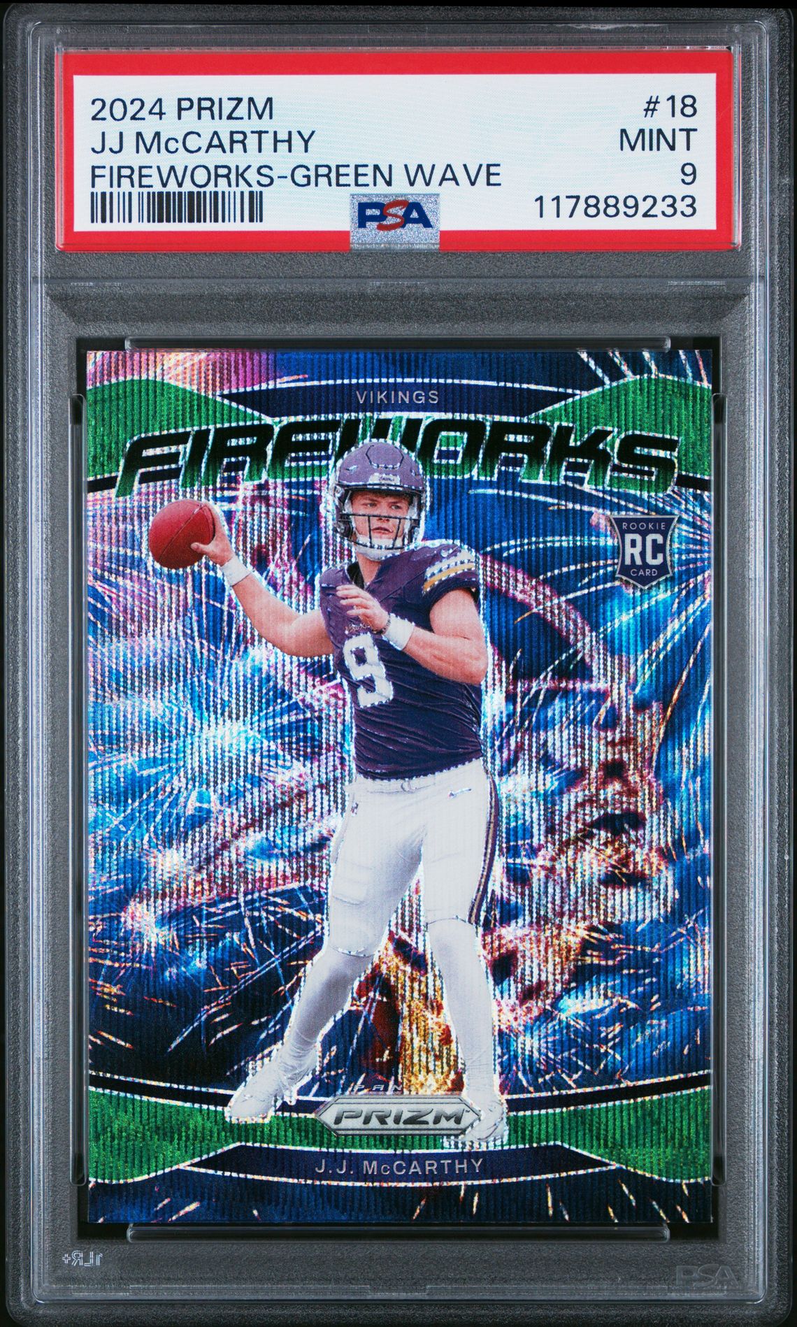 2024 Panini Prizm Fireworks Jj Mccarthy #18 (Fireworks-Green Wave) Mint 9 front