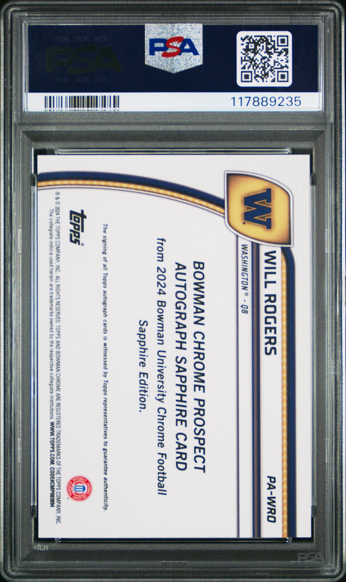 2024 Bowman University Chrome Bowman Chrome Sapphire Prospect Autographs Will Rogers #Pawro (Chrome Prospect Au-Red Ref) Gem Mt 10 back