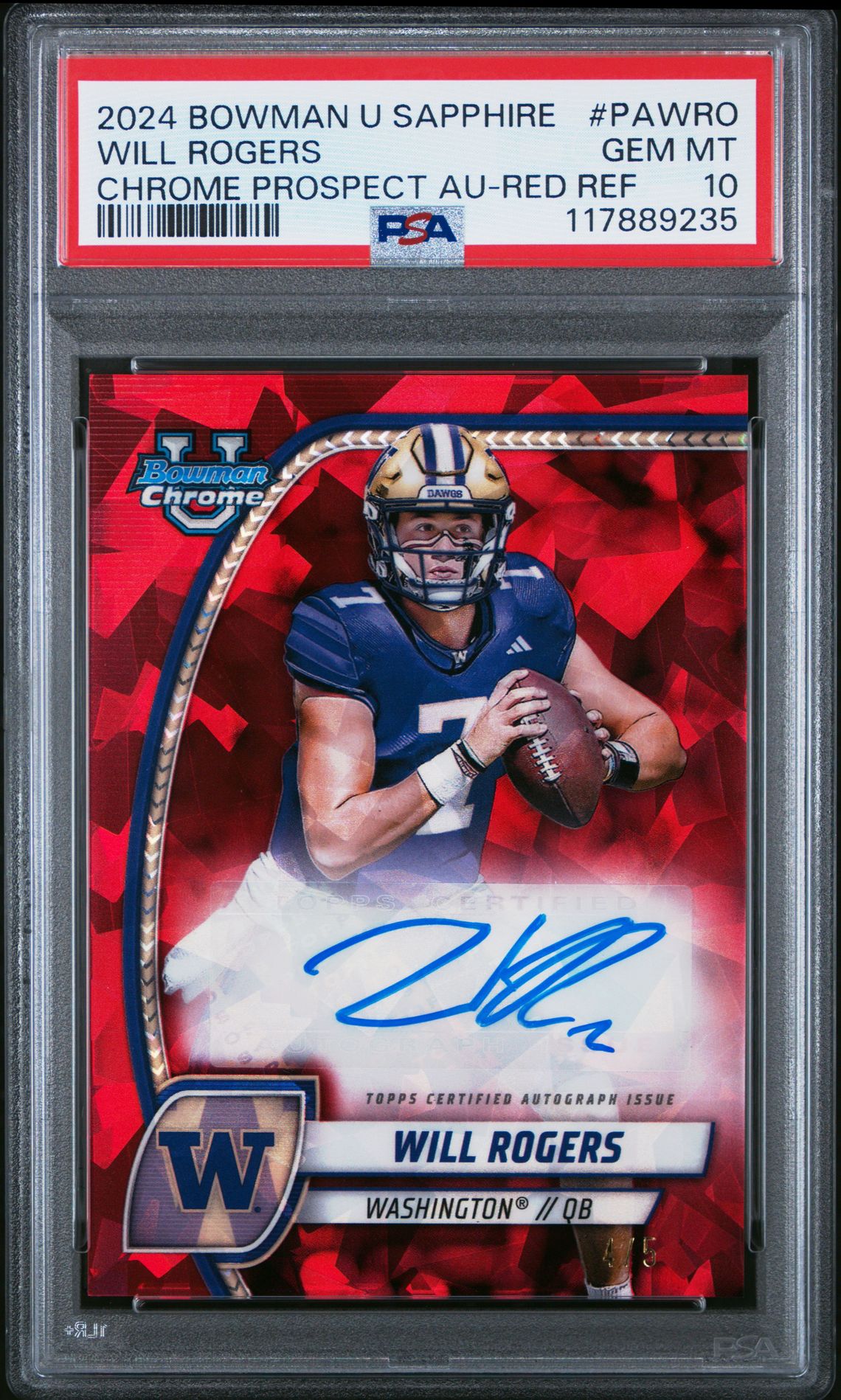 2024 Bowman University Chrome Bowman Chrome Sapphire Prospect Autographs Will Rogers #Pawro (Chrome Prospect Au-Red Ref) Gem Mt 10 front