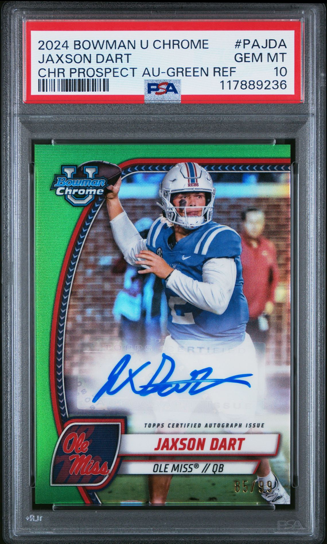 2024 Bowman University Chrome Bowman Chrome Prospect Autographs Jaxson Dart #Pajda (Chr Prospect Au-Green Ref) Gem Mt 10 front