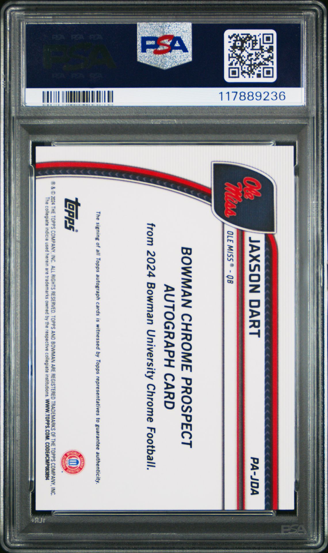 2024 Bowman University Chrome Bowman Chrome Prospect Autographs Jaxson Dart #Pajda (Chr Prospect Au-Green Ref) Gem Mt 10 back