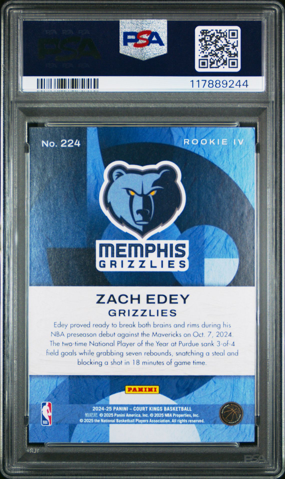 2024 Panini Court Kings Zach Edey #224 (Rookies Iv) Mint 9 back