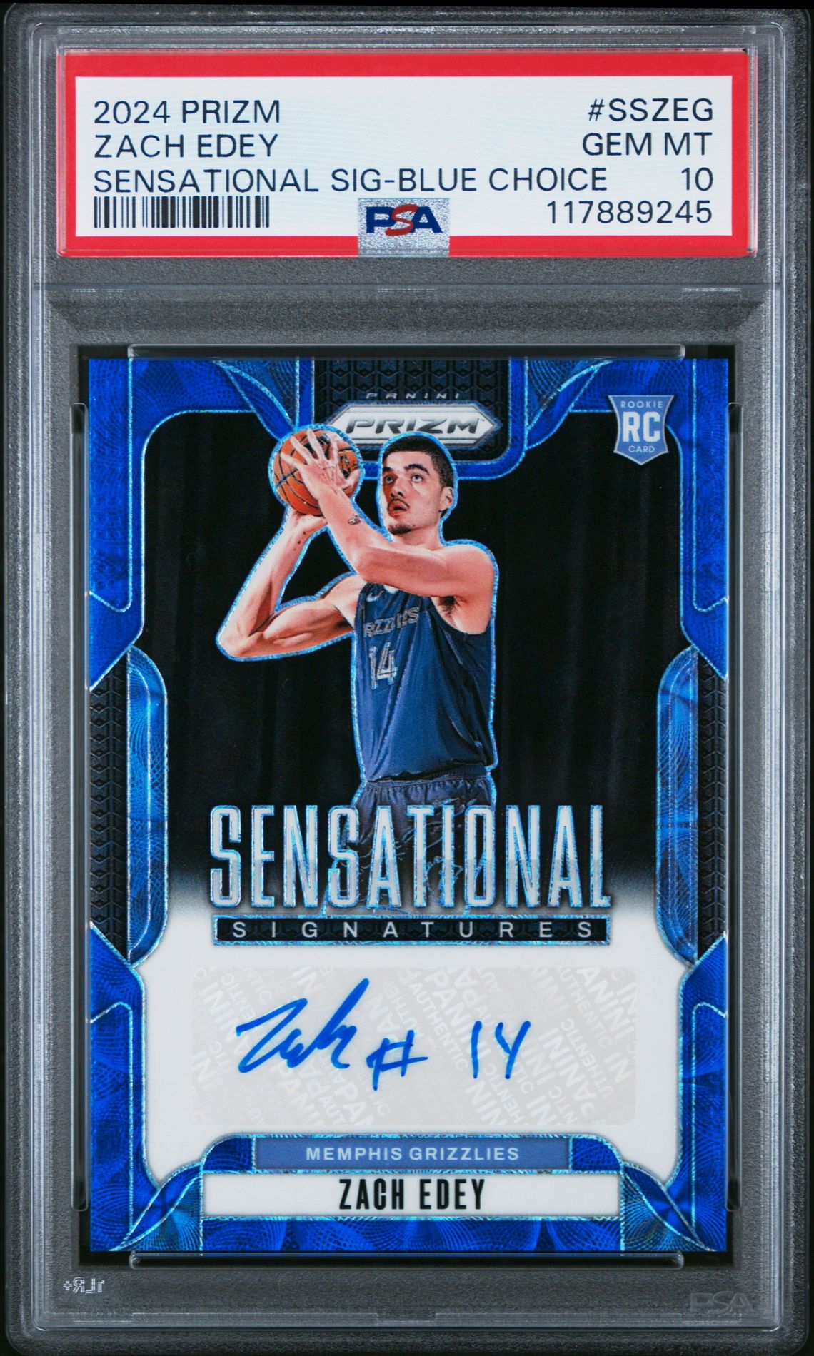 2024 Panini Prizm Sensational Signatures Zach Edey #Sszeg (Sensational Sig-Blue Choice) Gem Mt 10 front