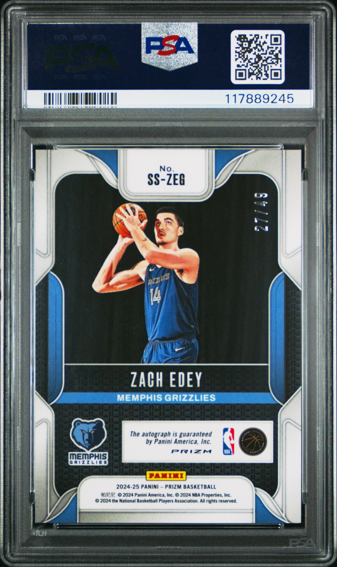 2024 Panini Prizm Sensational Signatures Zach Edey #Sszeg (Sensational Sig-Blue Choice) Gem Mt 10 back