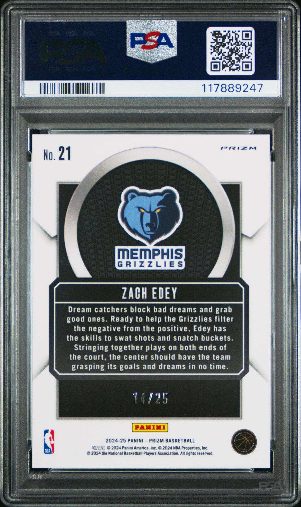 2024 Panini Prizm Talismen Zach Edey #21 (Talismen-Mojo Prizm) Gem Mt 10 back