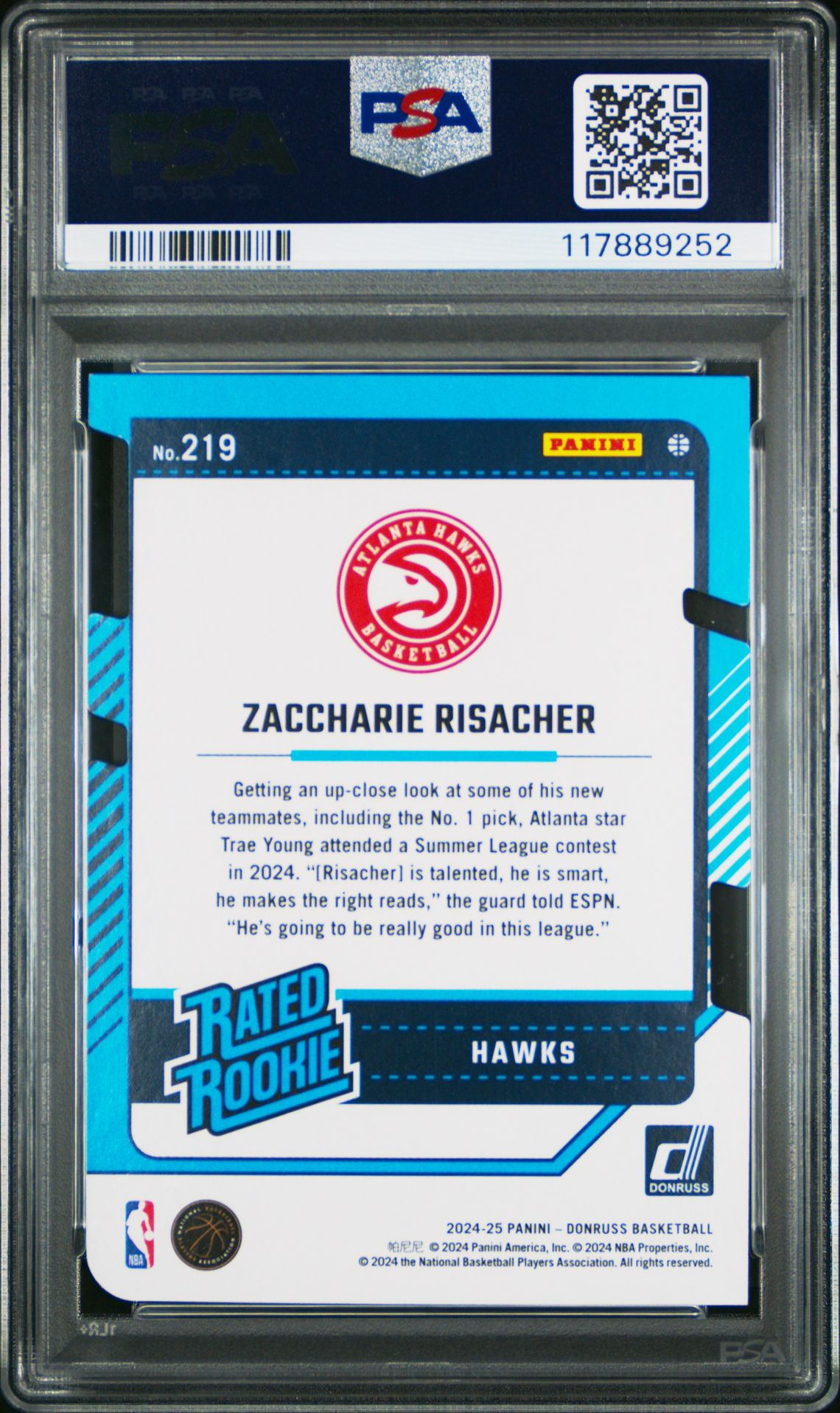 2024 Panini Donruss Zaccharie Risacher #219 (Press Proof Gold Die-Cut) Mint 9 back
