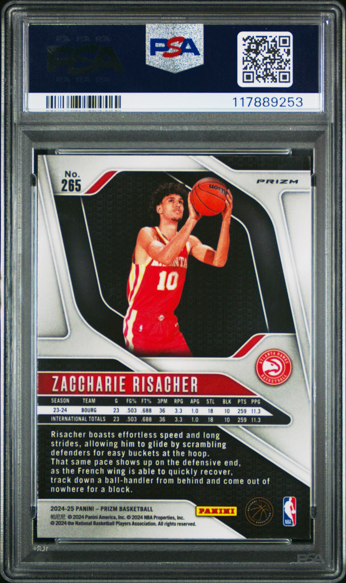 2024 Panini Prizm Zaccharie Risacher #265 (Blue Yellow Green Choice) Gem Mt 10 back