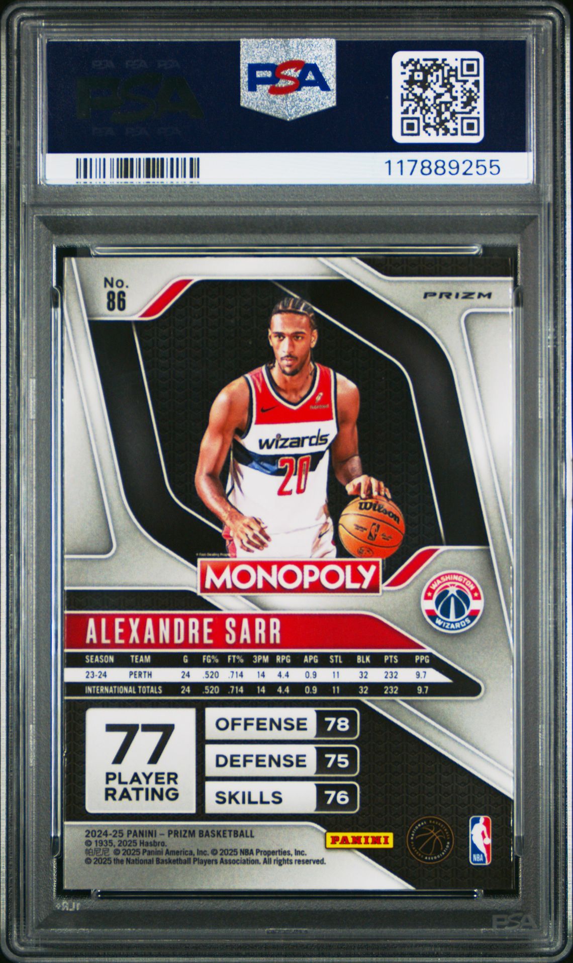 2024 Panini Prizm Monopoly Alexandre Sarr #86 (Tiger Stripe Boardwalk Blue) Gem Mt 10 back