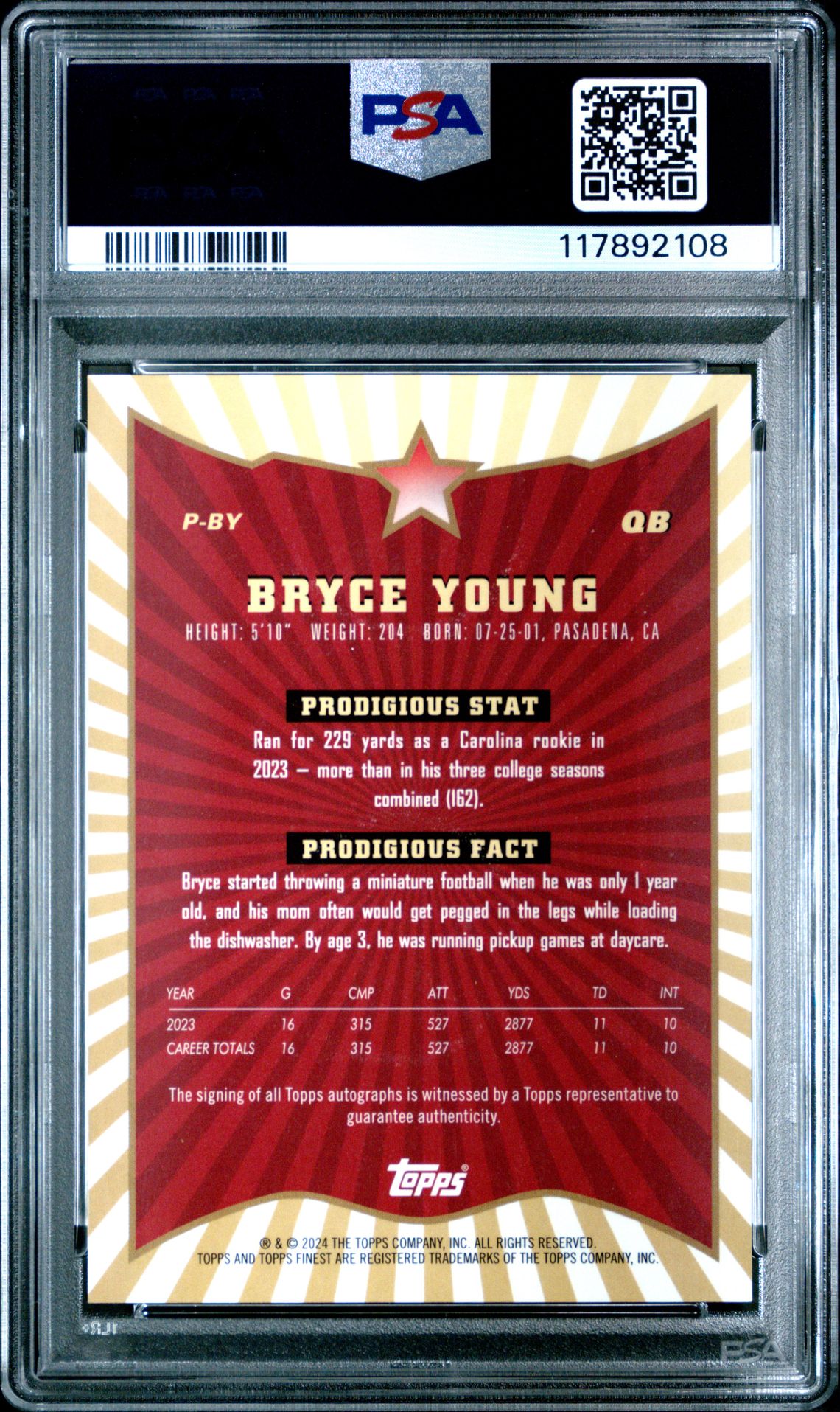 2024 Topps Finest Prodigies Autographs Bryce Young #Pby Gem Mt 10 back