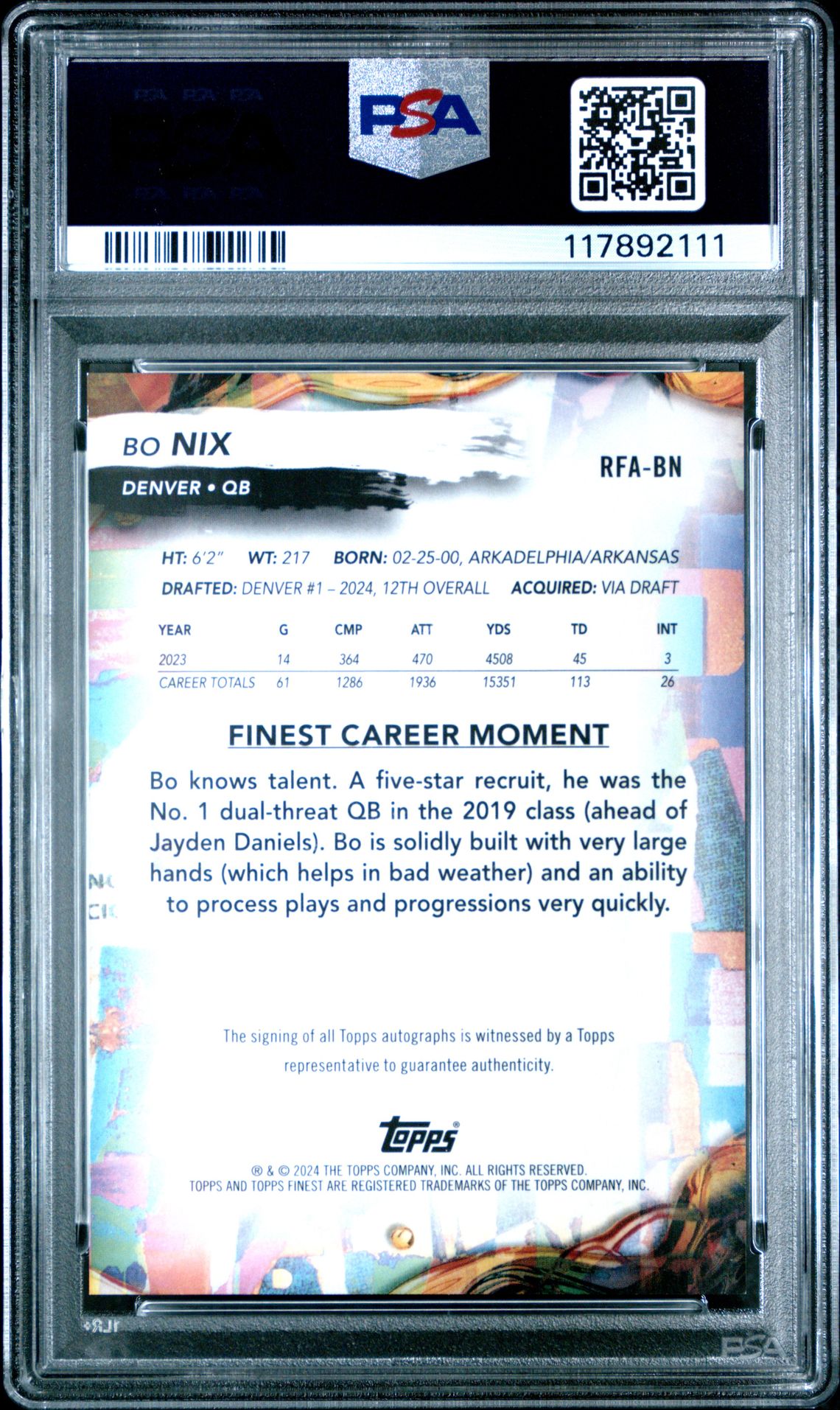 2024 Topps Finest Rookie Finest Autographs Bo Nix #Rfabn Gem Mt 10 back