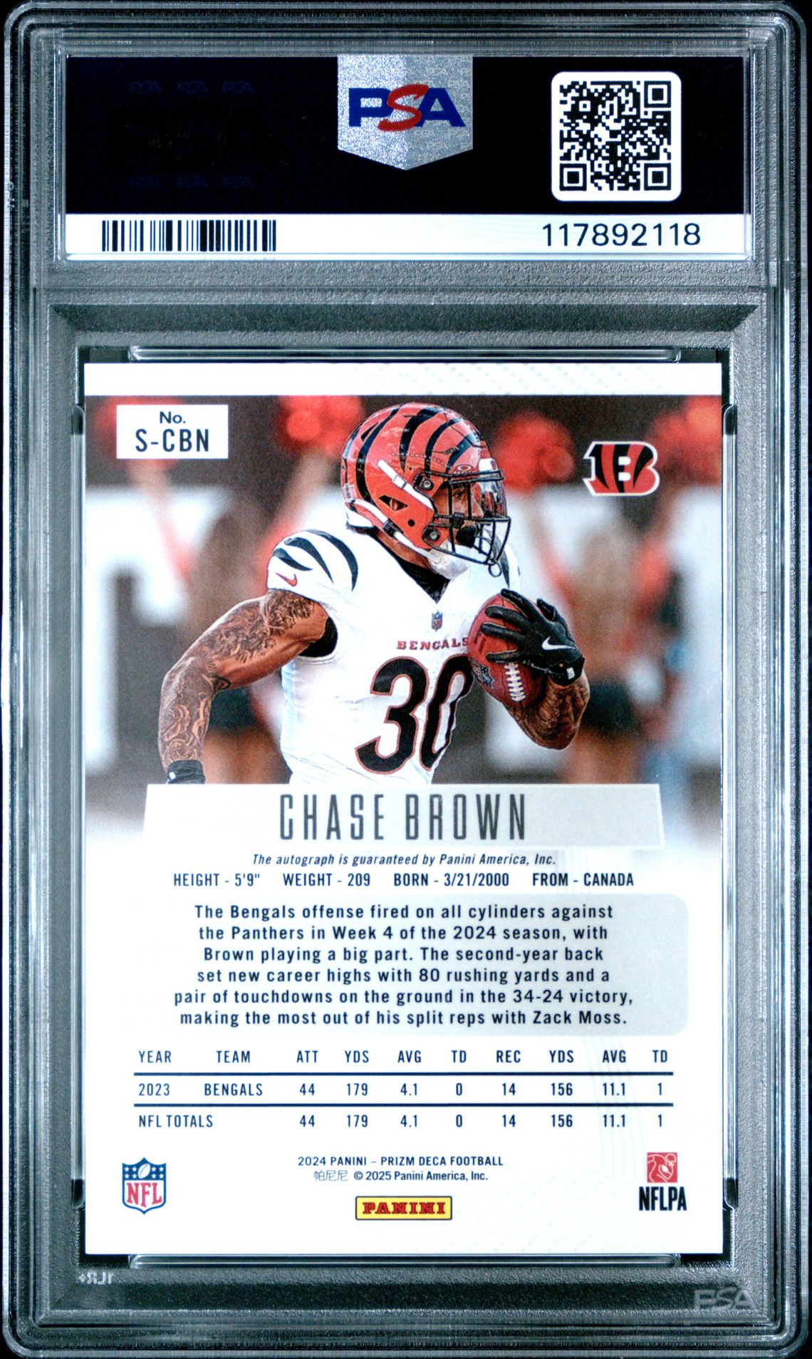 2024 Panini Prizm Deca Signatures Chase Brown #Scbn Mint 9 back