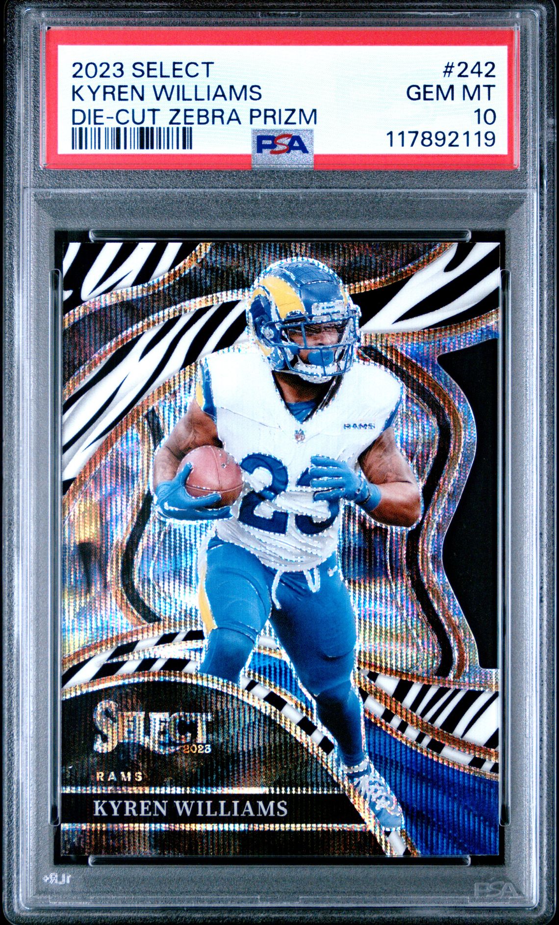 2023 Panini Select Kyren Williams #242 (Die-Cut Zebra Prizm) Gem Mt 10 front