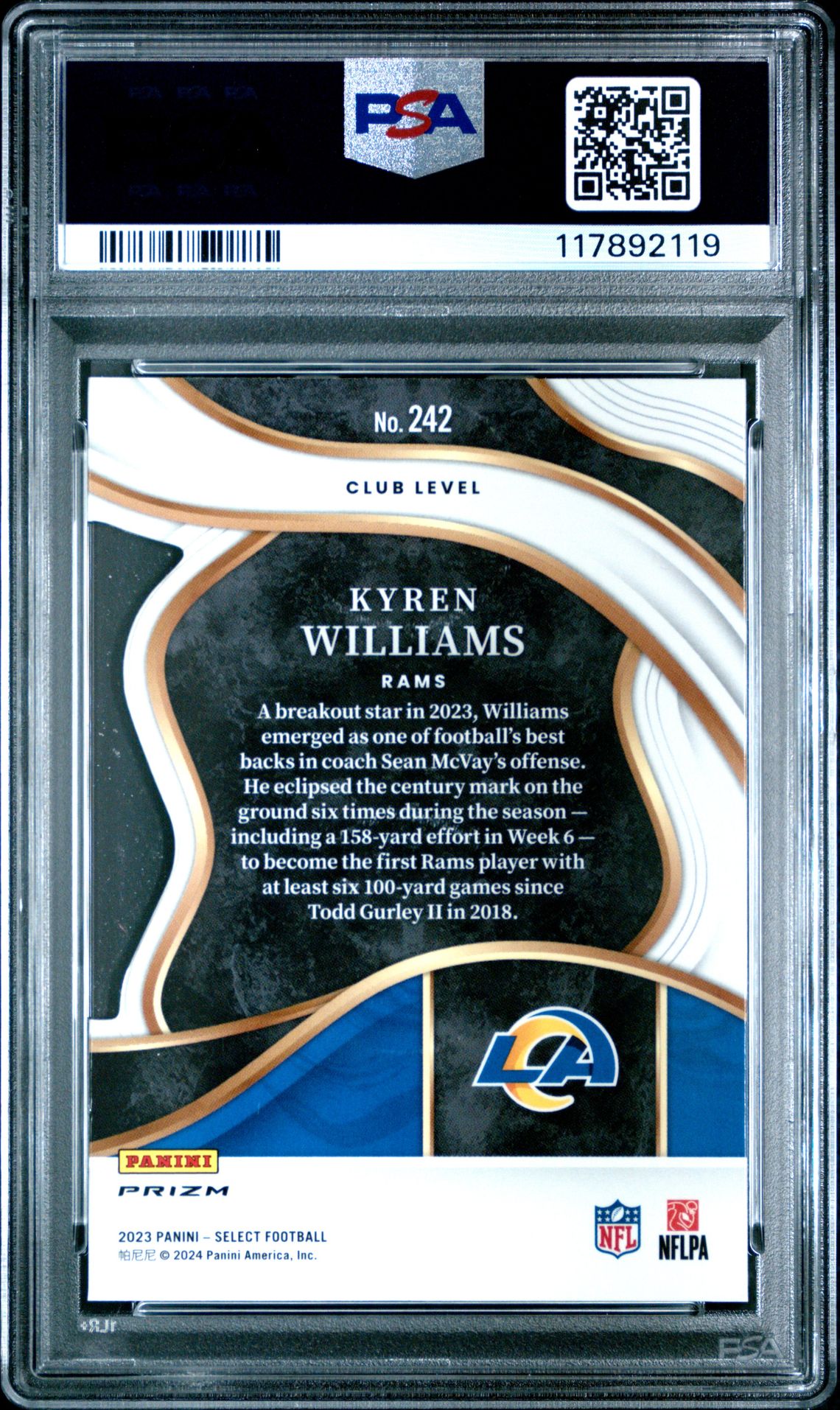 2023 Panini Select Kyren Williams #242 (Die-Cut Zebra Prizm) Gem Mt 10 back