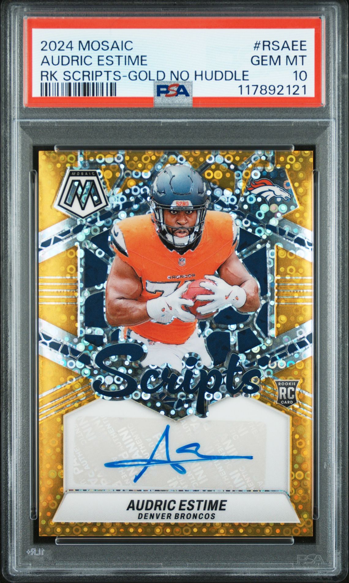 2024 Panini Mosaic Rookie Scripts Audric Estime #Rsaee (Rk Scripts-Gold No Huddle) Gem Mt 10 front