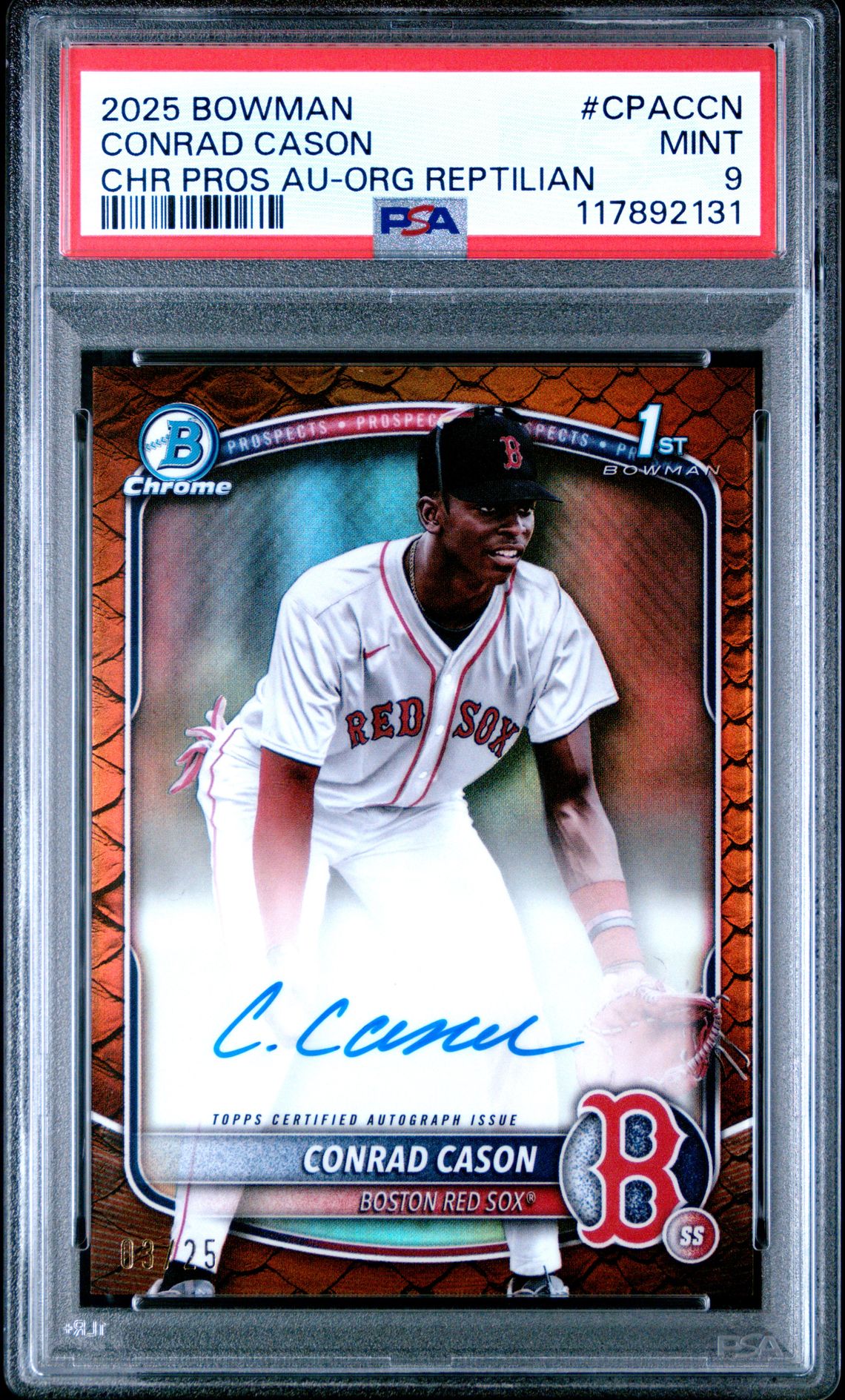 2025 Bowman Chrome Prospect Autographs Conrad Cason #Cpaccn (Chr Pros Au-Org Reptilian) Mint 9 front