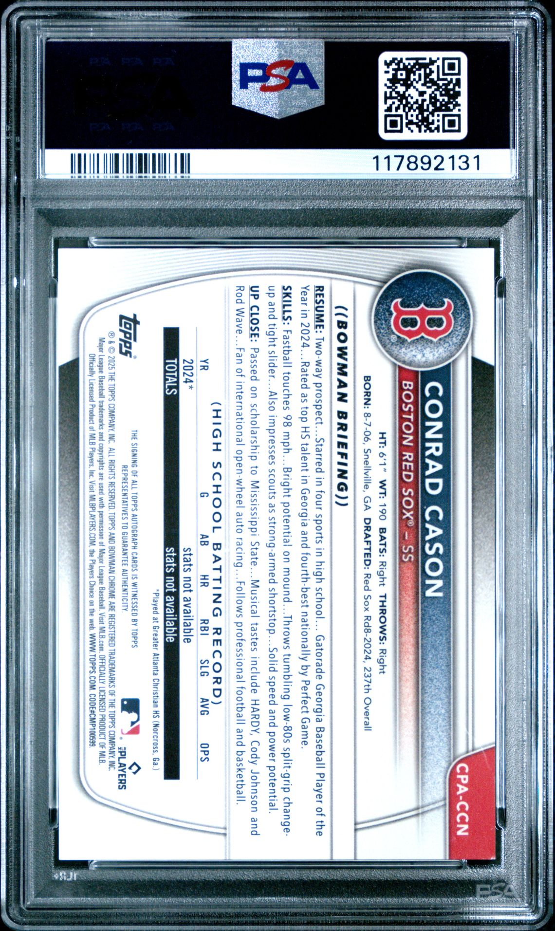 2025 Bowman Chrome Prospect Autographs Conrad Cason #Cpaccn (Chr Pros Au-Org Reptilian) Mint 9 back