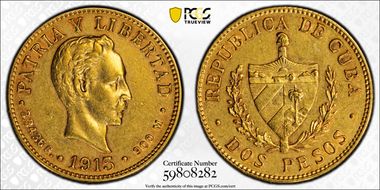 1915 2 Peso KM-17  Au AU53