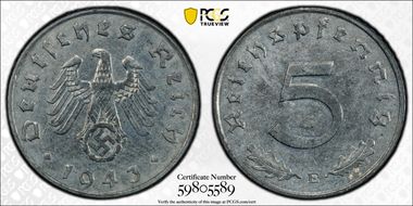 1943-E 5 Pfg J-370 MS62