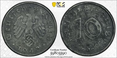 1943-J 10 Pfg J-371 AU50