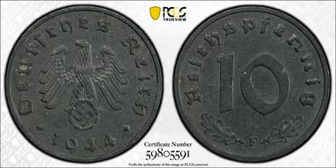 1944-F 10 Pfg J-371 AU58