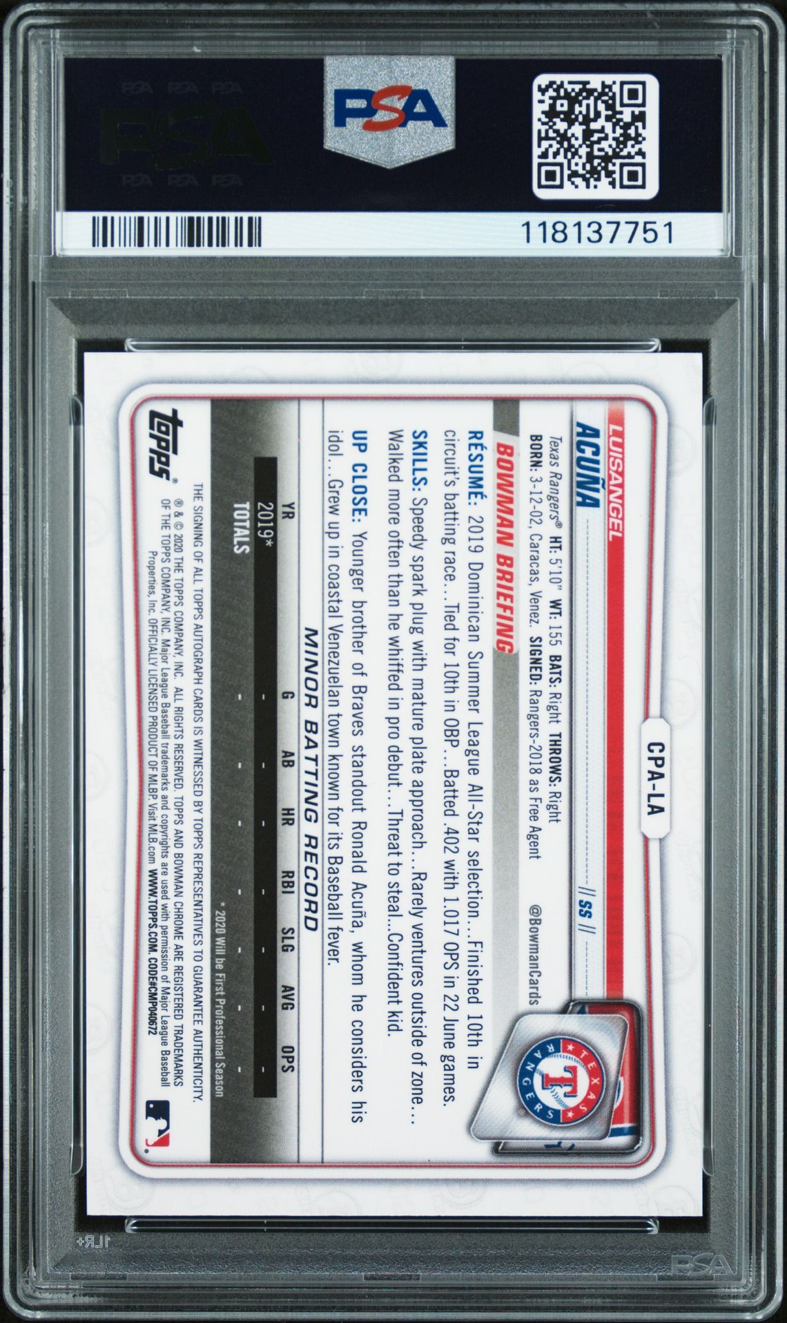 2020 Bowman Chrome Prospect Autographs Luisangel Acuna #Cpala (Prospect Autographs) Mint 9 back