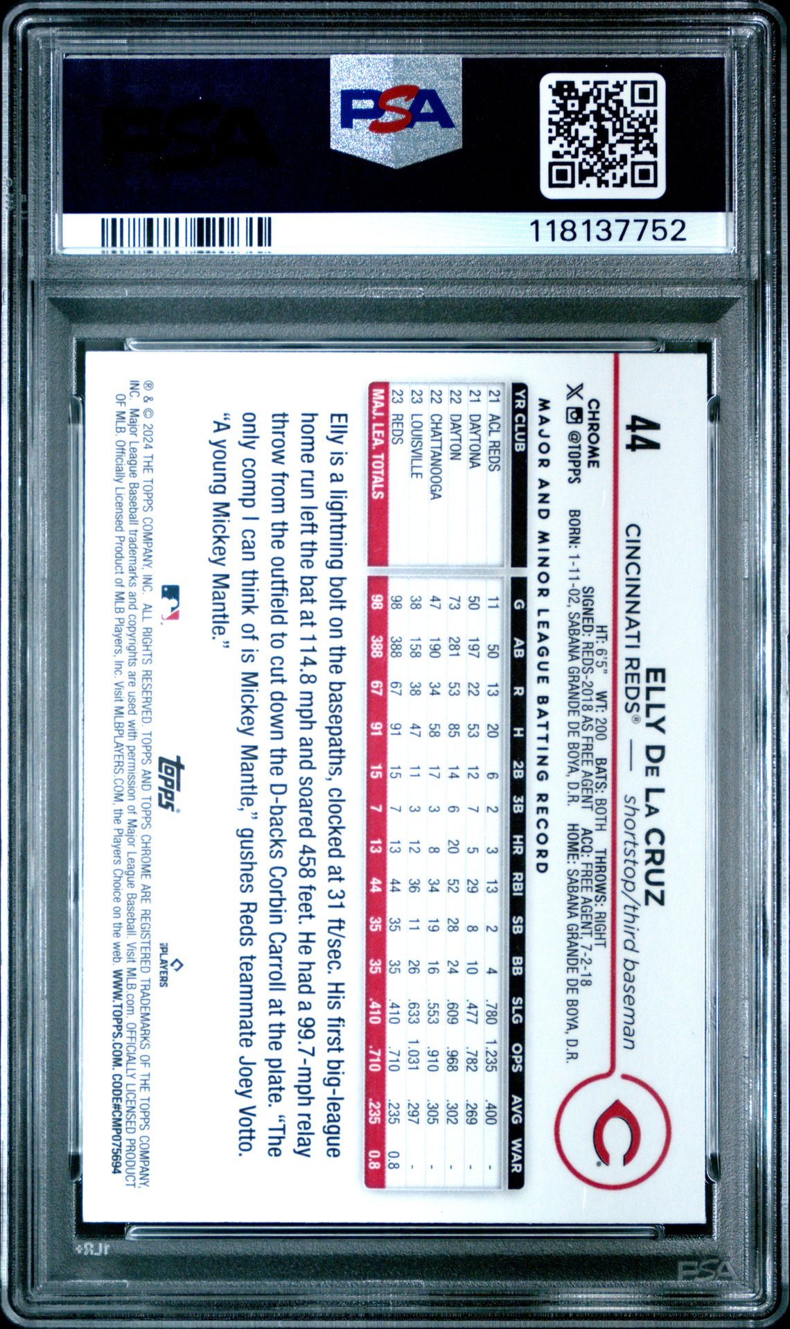 2024 Topps Chrome Elly De La Cruz #44 (Negative Refractor) Mint 9 back