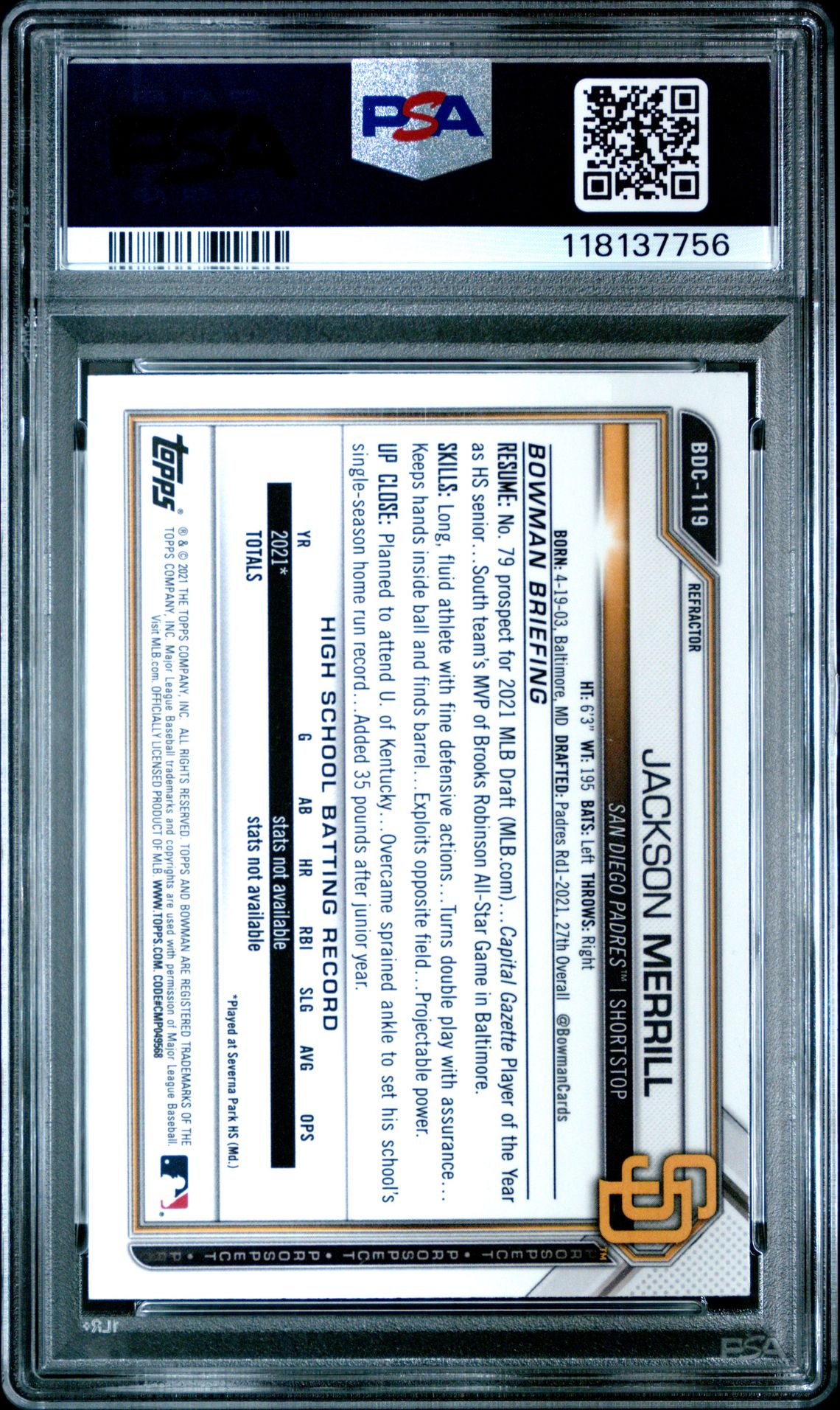 2021 Bowman Draft Jackson Merrill #Bdc119 (Chrome-Refractor) Mint 9 back