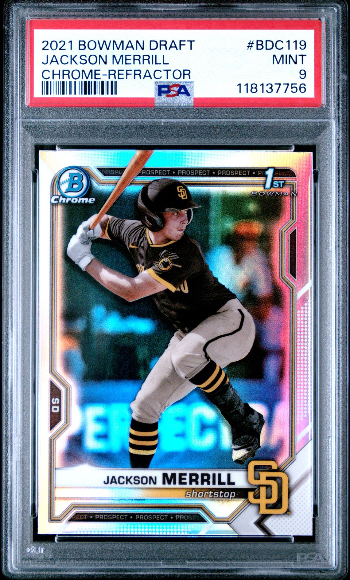 2021 Bowman Draft Jackson Merrill #Bdc119 (Chrome-Refractor) Mint 9 front