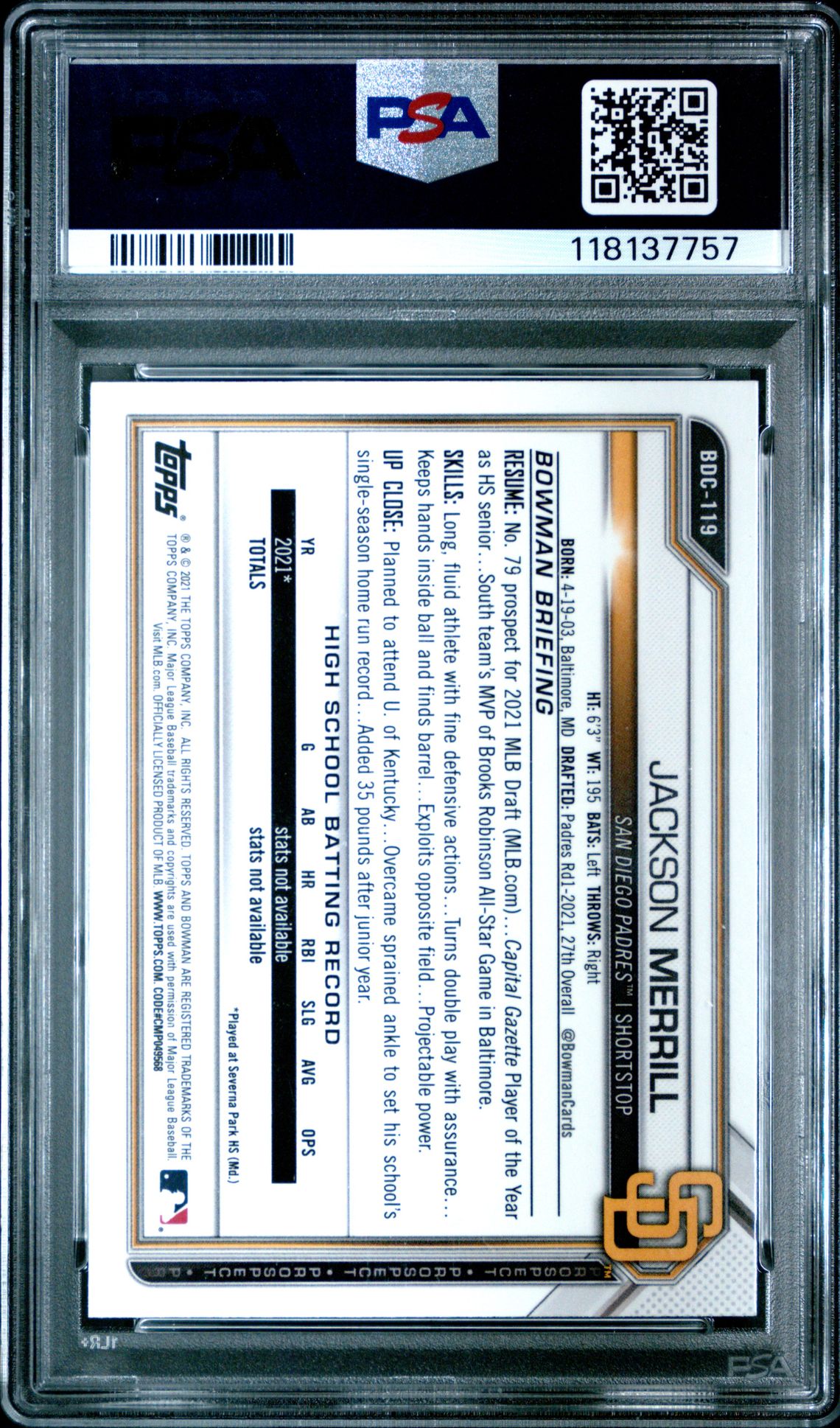 2021 Bowman Draft Jackson Merrill #Bdc119 (Chrome) Mint 9 back