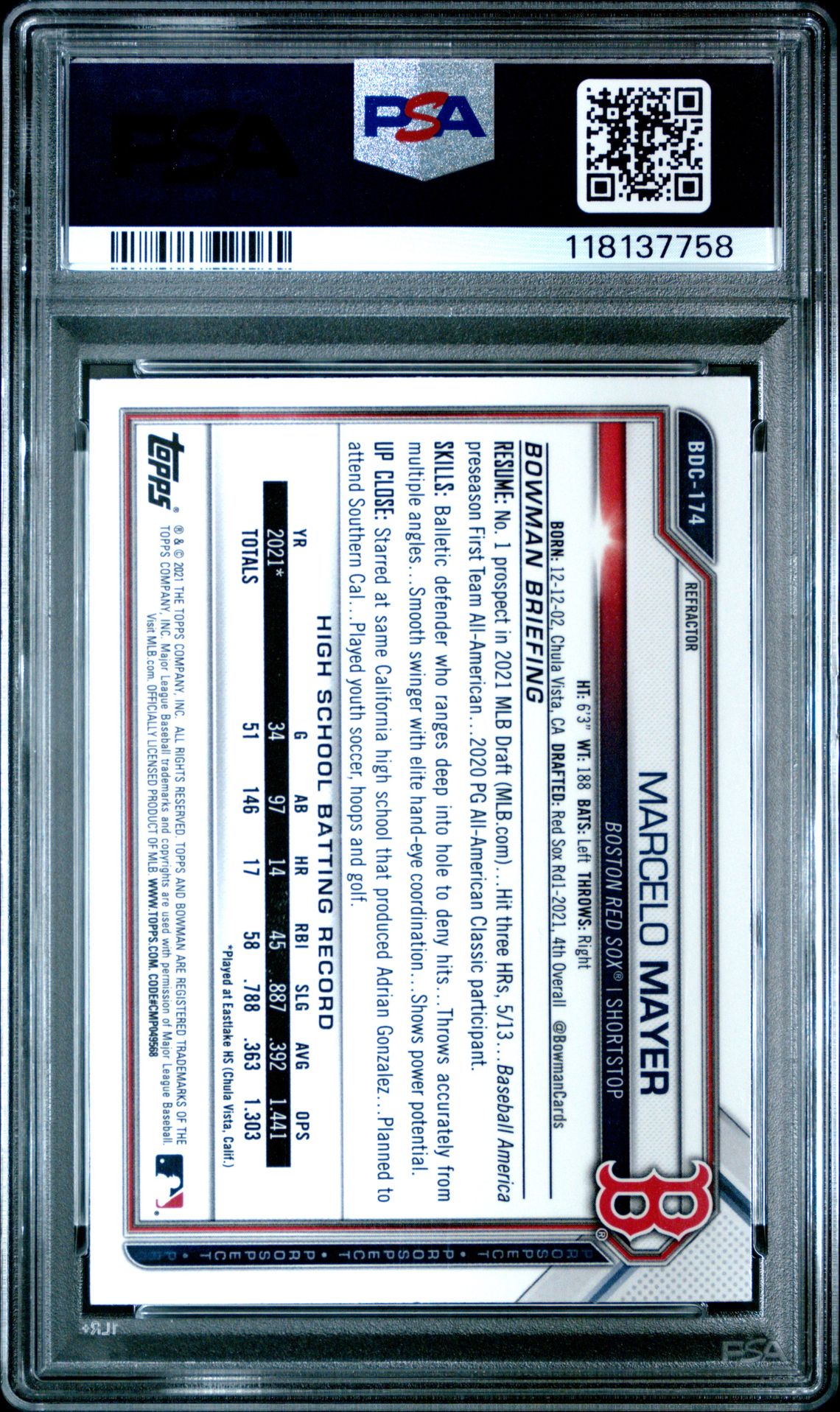 2021 Bowman Draft Marcelo Mayer #Bdc174 (Chrome-Refractor) Gem Mt 10 back