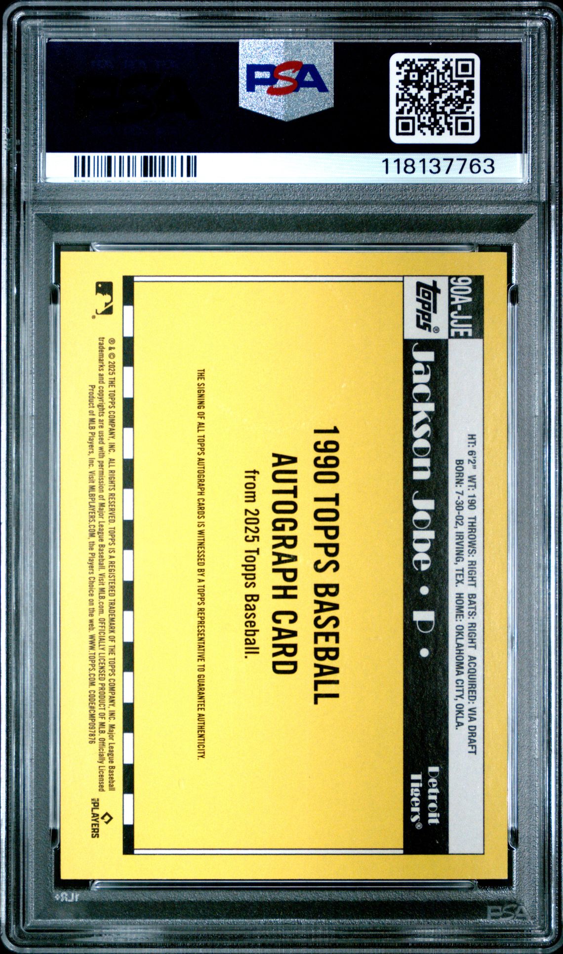 2025 Topps 1990 Topps Baseball Autographs Jackson Jobe #90Ajje Nm-Mt 8 back