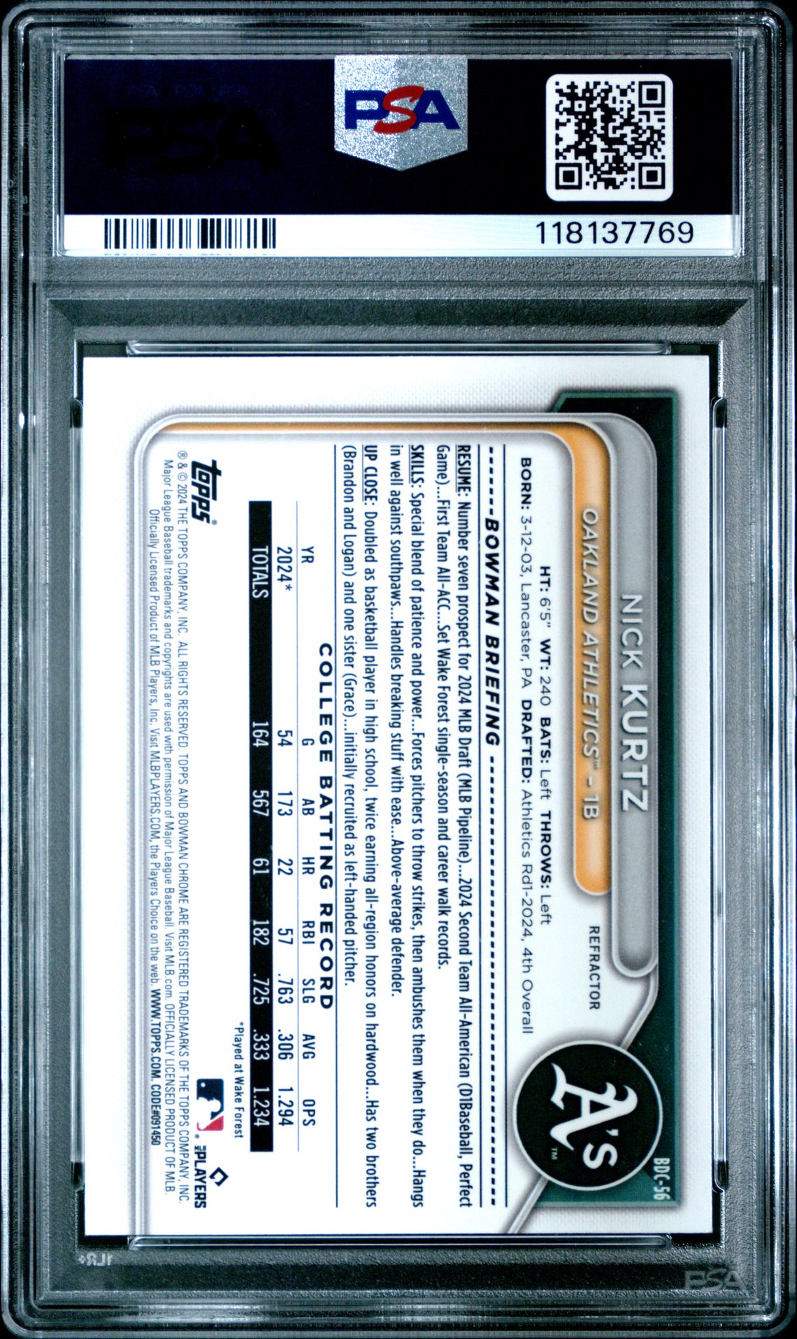 2024 Bowman Draft Nick Kurtz #Bdc56 (Chrome-Refractor) Mint 9 back