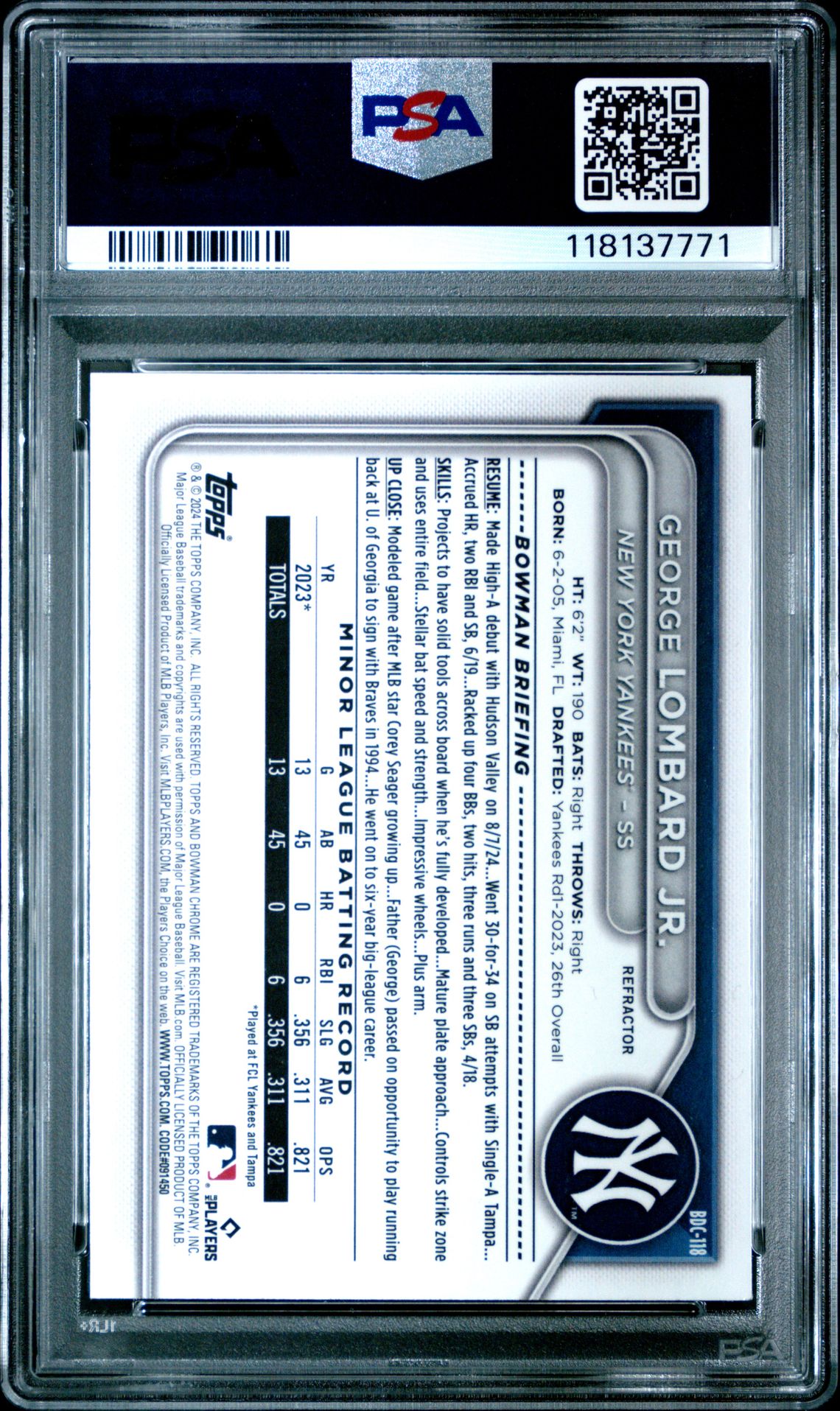 2024 Bowman Draft George Lombard Jr. #Bdc118 (Chrome-Refractor) Mint 9 back