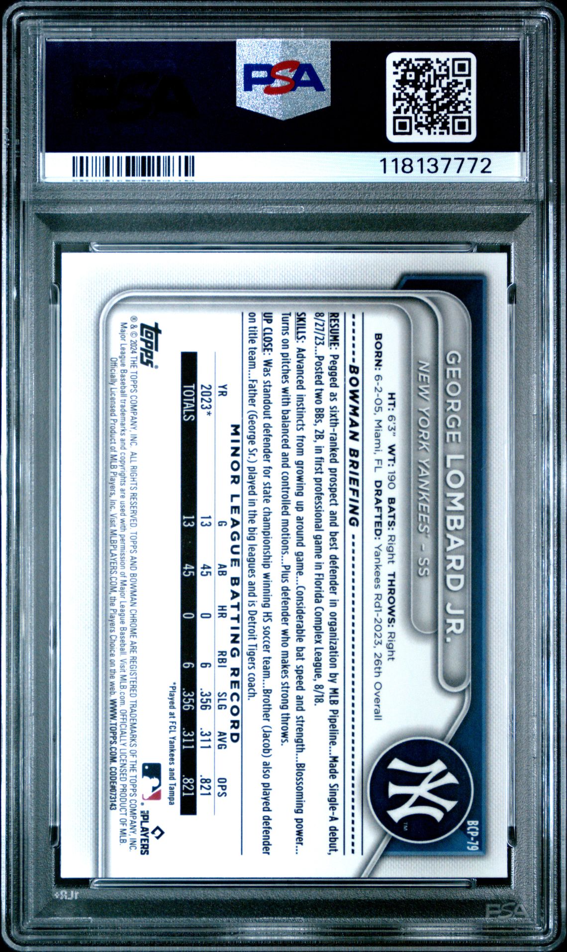 2024 Bowman Chrome Prospects George Lombard Jr. #Bcp79 Mint 9 back