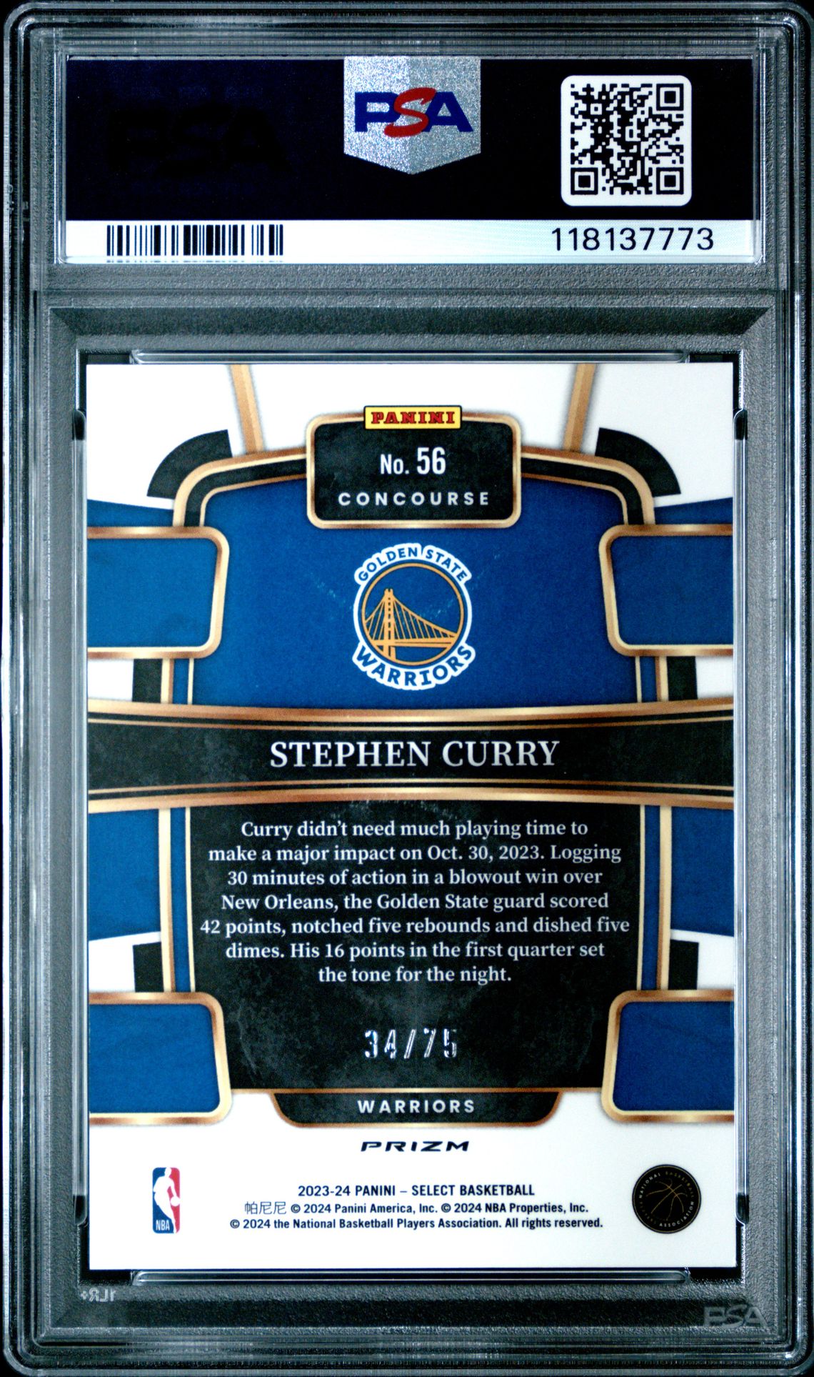 2023 Panini Select Stephen Curry #56 (White Disco) Gem Mt 10 back