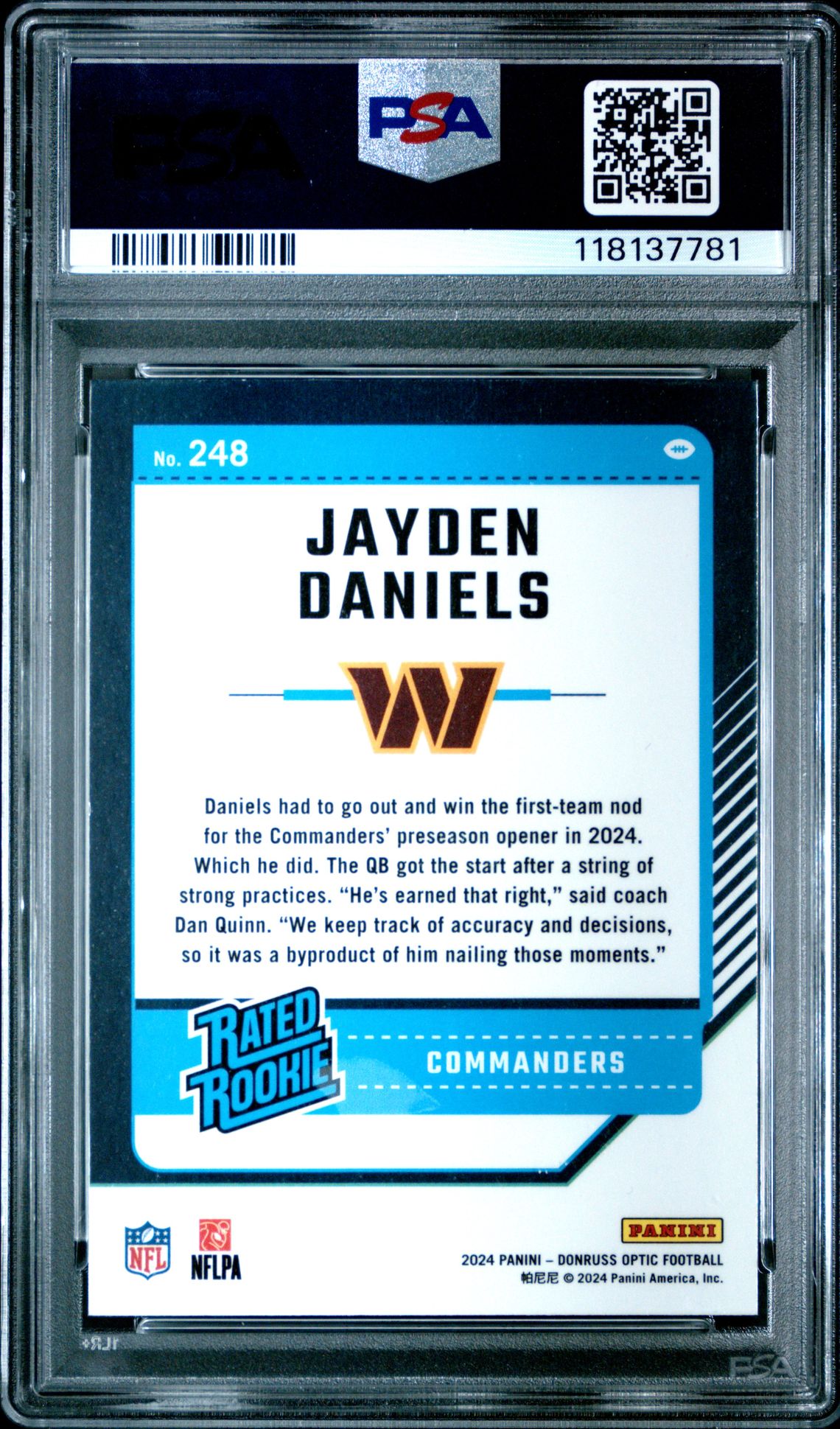 2024 Panini Donruss Optic Jayden Daniels #248 Gem Mt 10 back