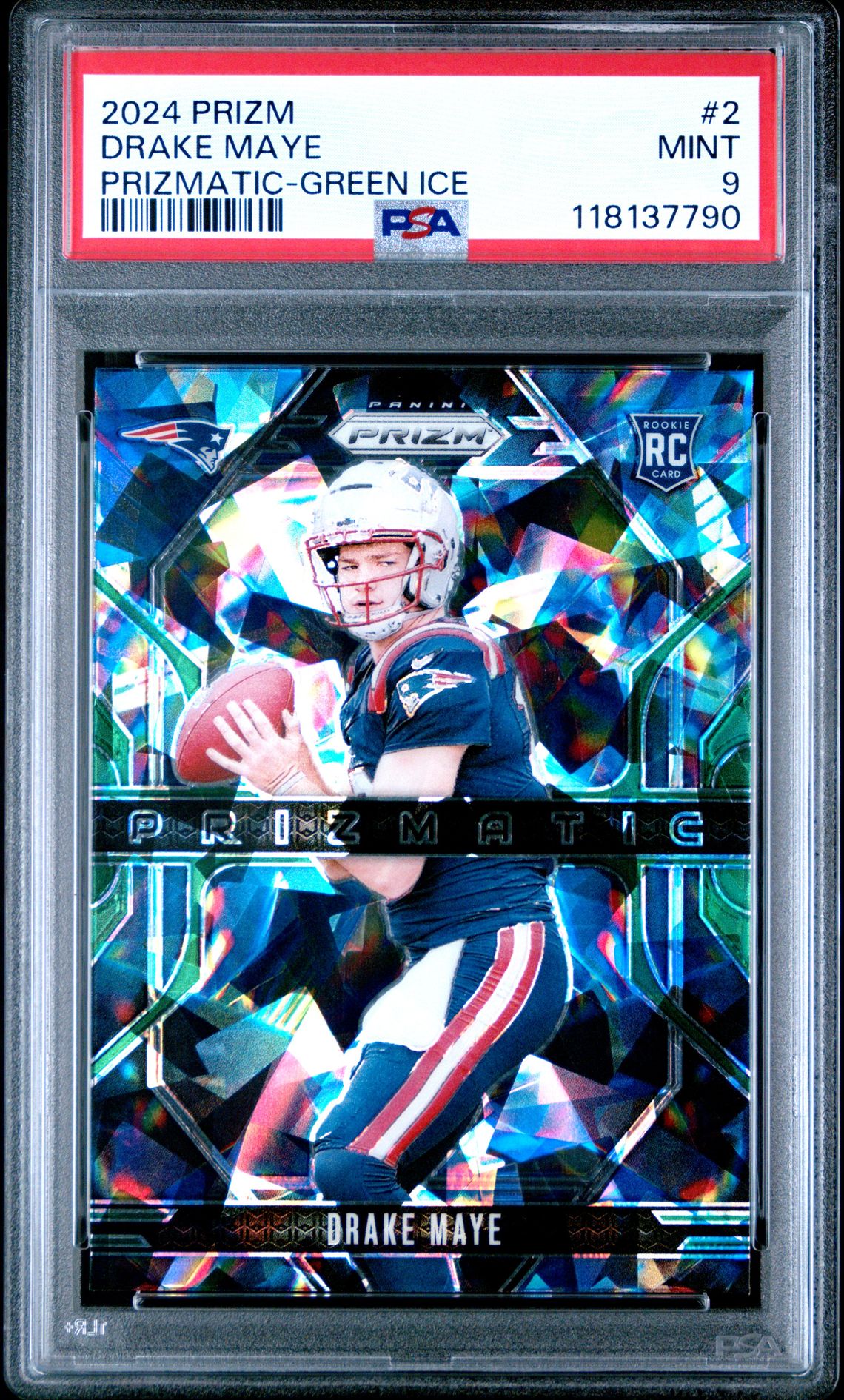 2024 Panini Prizm Prizmatic Drake Maye #2 (Prizmatic-Green Ice) Mint 9 front