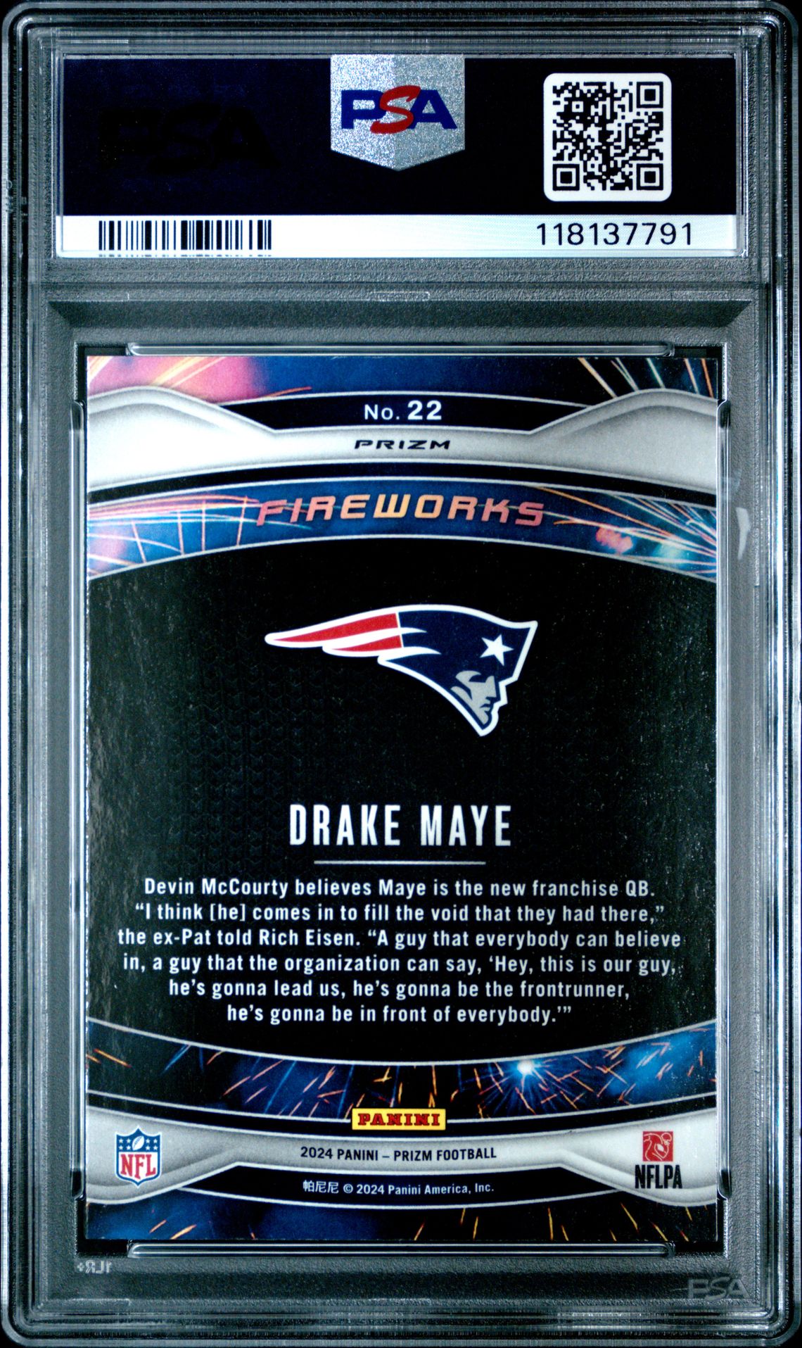 2024 Panini Prizm Fireworks Drake Maye #22 (Fireworks-No Huddle) Gem Mt 10 back