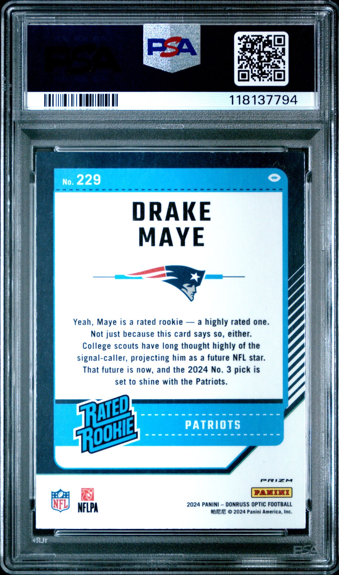 2024 Panini Donruss Optic Drake Maye #229 (Holo) Mint 9 back