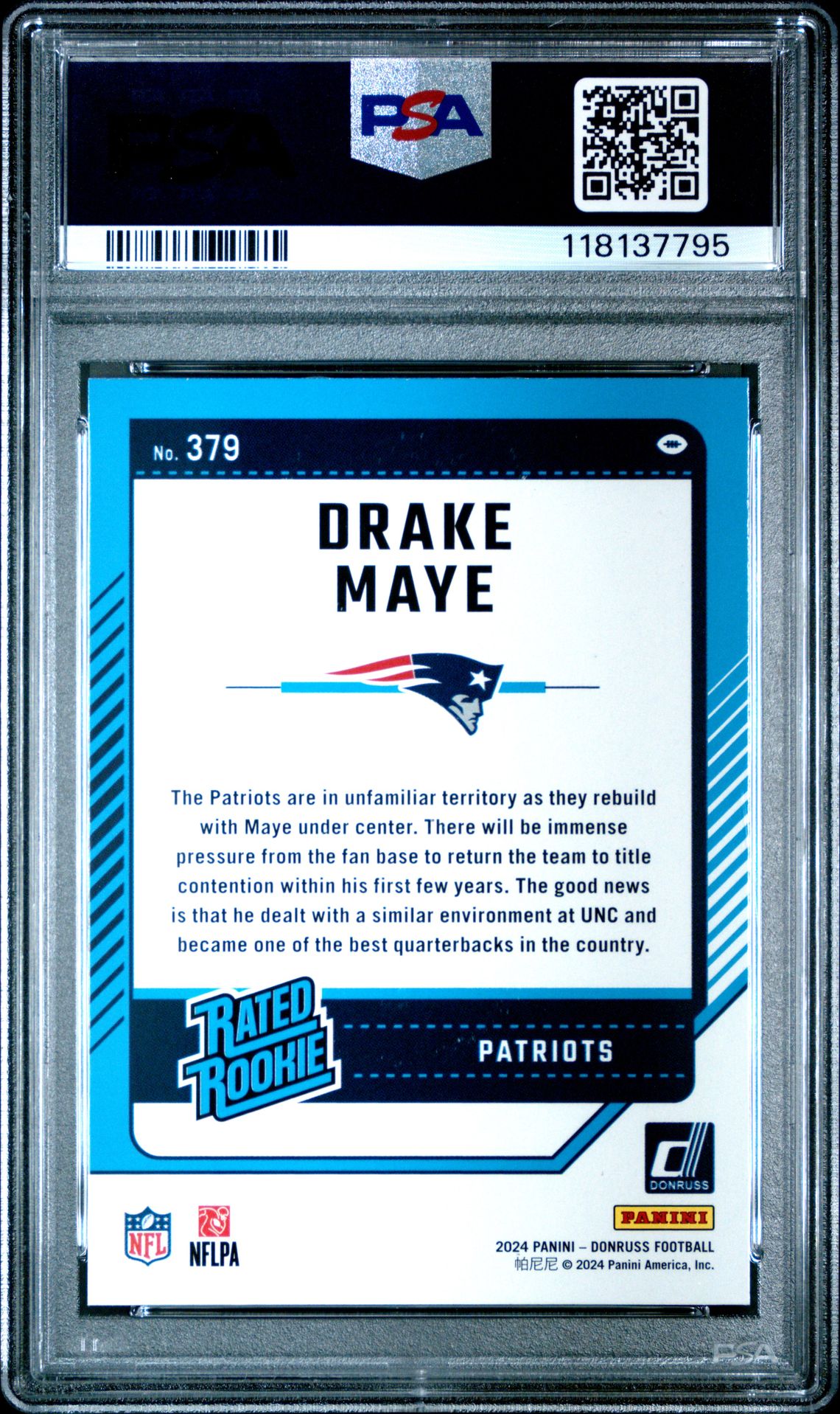 2024 Panini Donruss Drake Maye #379 (Press Proof Yellow) Gem Mt 10 back