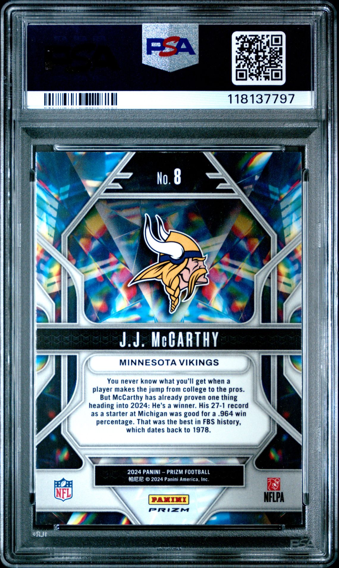 2024 Panini Prizm Prizmatic Jj Mccarthy #8 (Prizmatic-No Huddle) Gem Mt 10 back