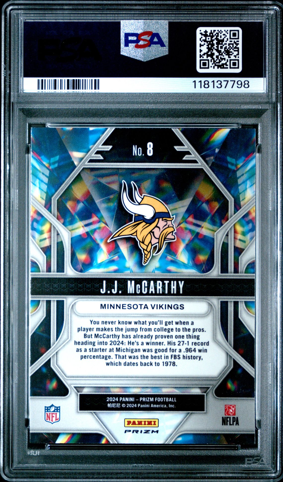 2024 Panini Prizm Prizmatic Jj Mccarthy #8 (Prizmatic-No Huddle) Gem Mt 10 back