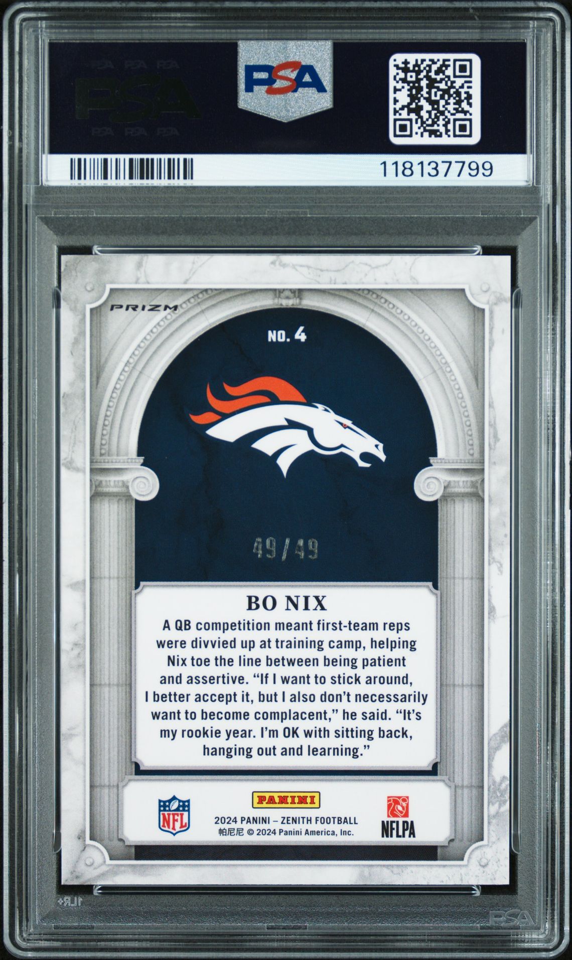 2024 Panini Zenith Z Marquee Bo Nix #4 (Z Marquee-Red) Mint 9 back