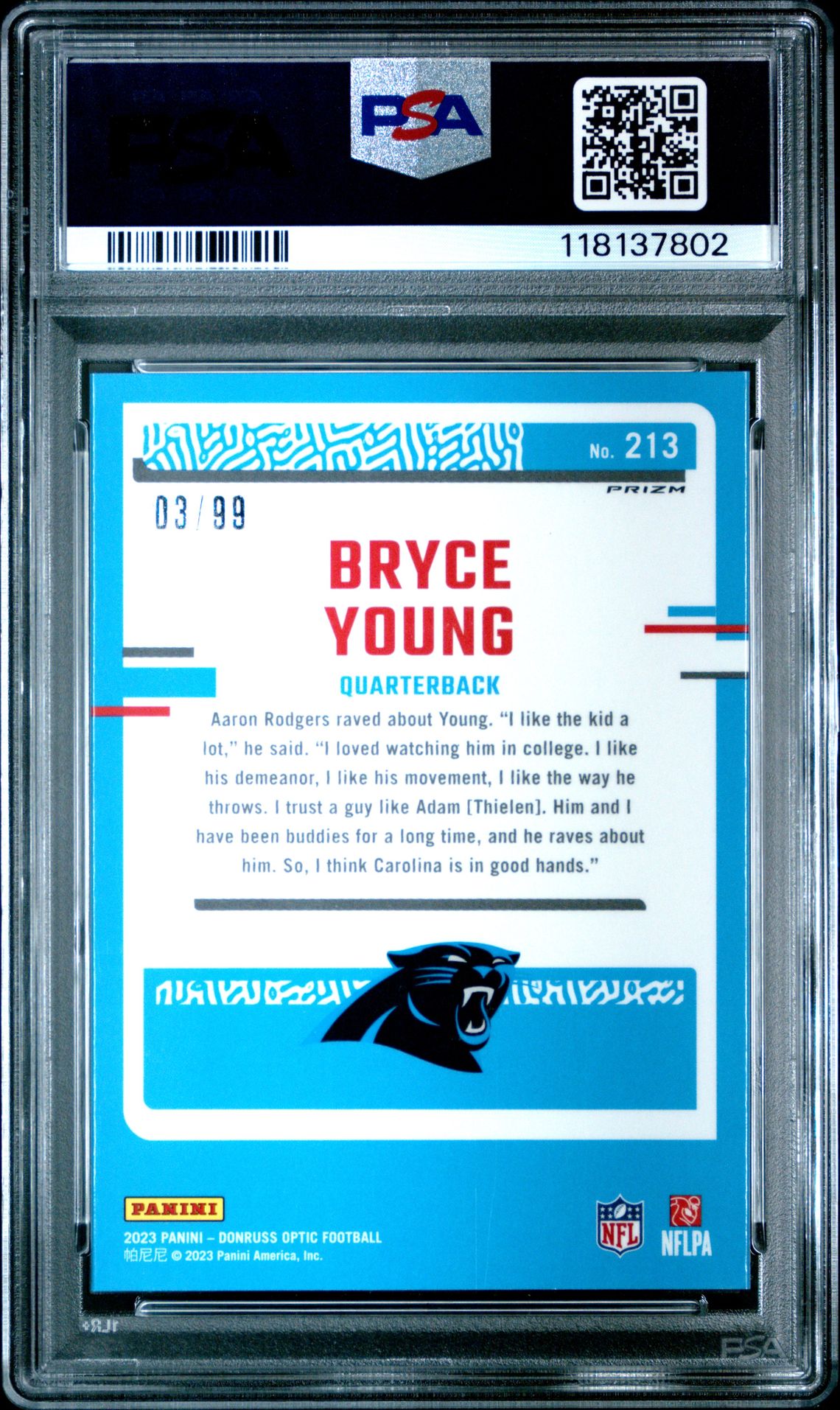 2023 Panini Donruss Optic Bryce Young #213 (Red) Mint 9 back