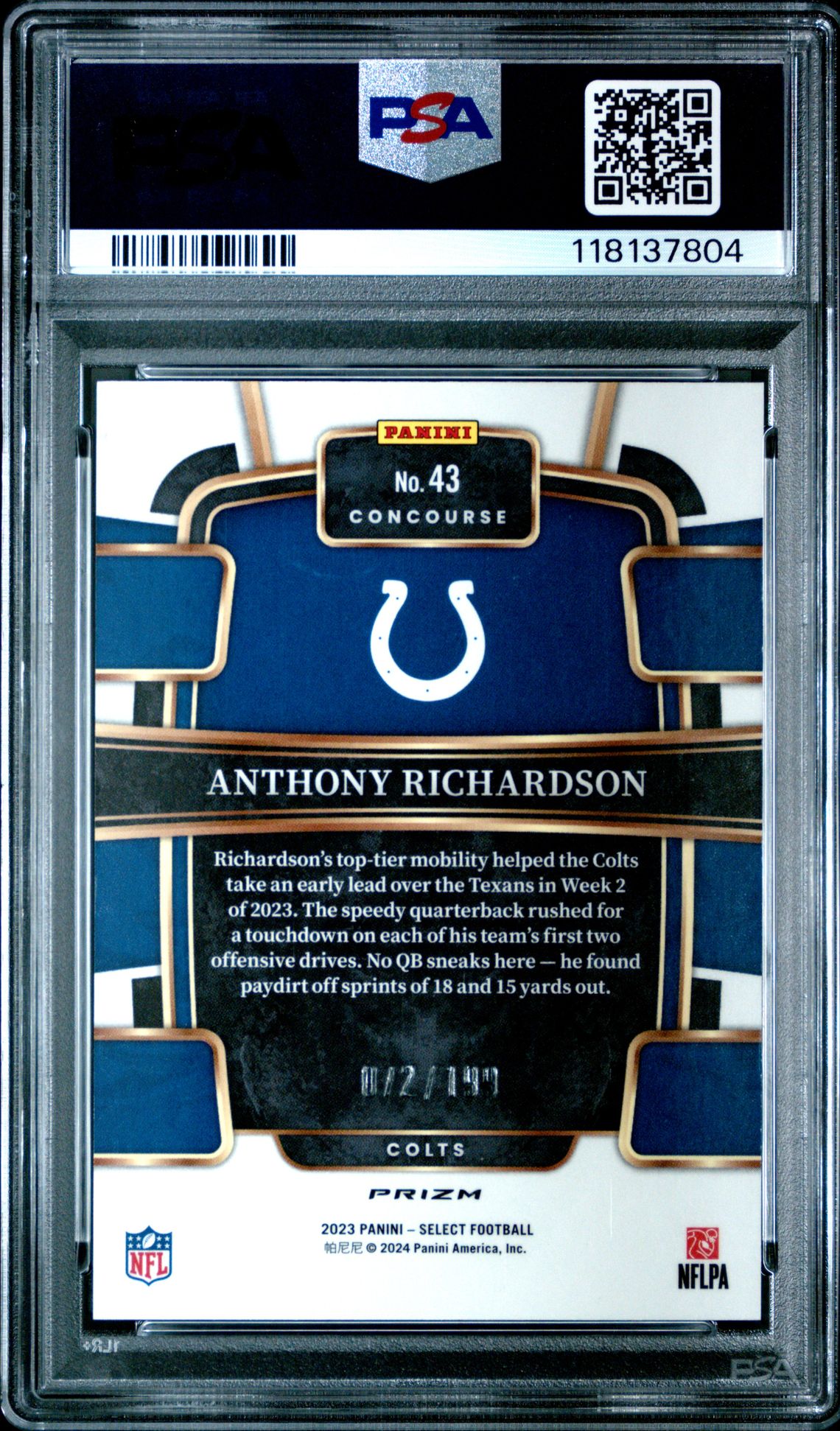 2023 Panini Select Anthony Richardson #43 (Blue Prizm) Mint 9 back